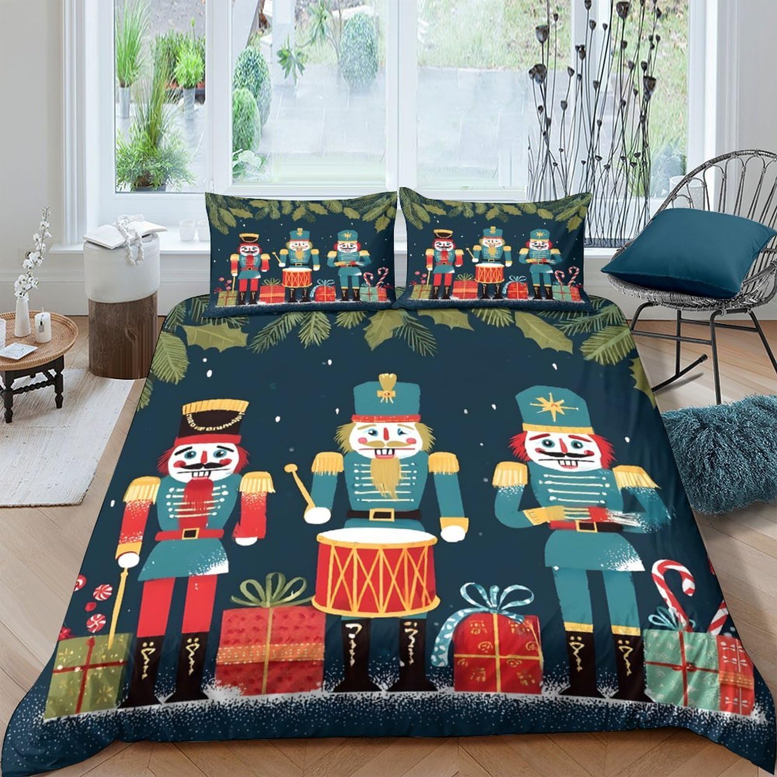 GPLZQXKJNH 3D Printed Nutcracker Christmas Duvet Cover Microfiber Soft Breathable Festive Bedding Set with 2 Pillowcases for Bedroom Decor, Single（135x200cm）