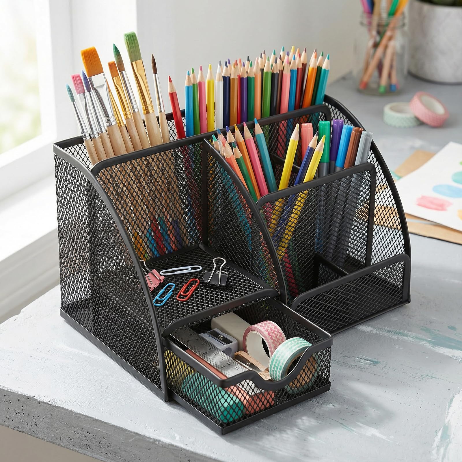 2 organizer da scrivania in metallo, portapenne con cassetto, portapenne, organizer da ufficio per ufficio