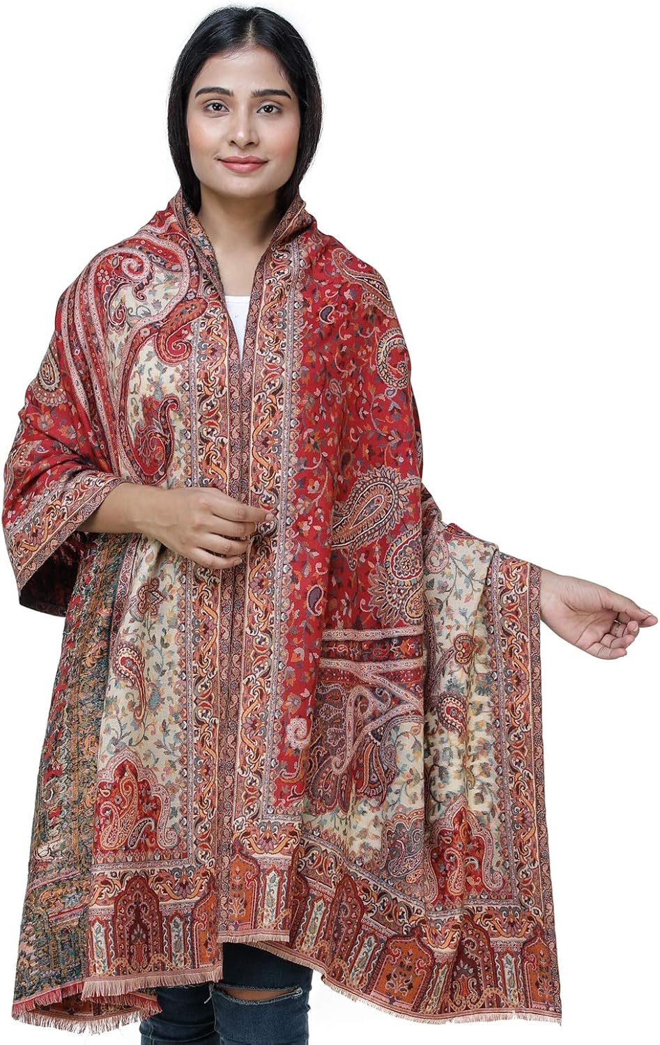 Exotic India Jamawar Stole with Woven Paisleys and Floral Motifs from Amritsar - Image 2