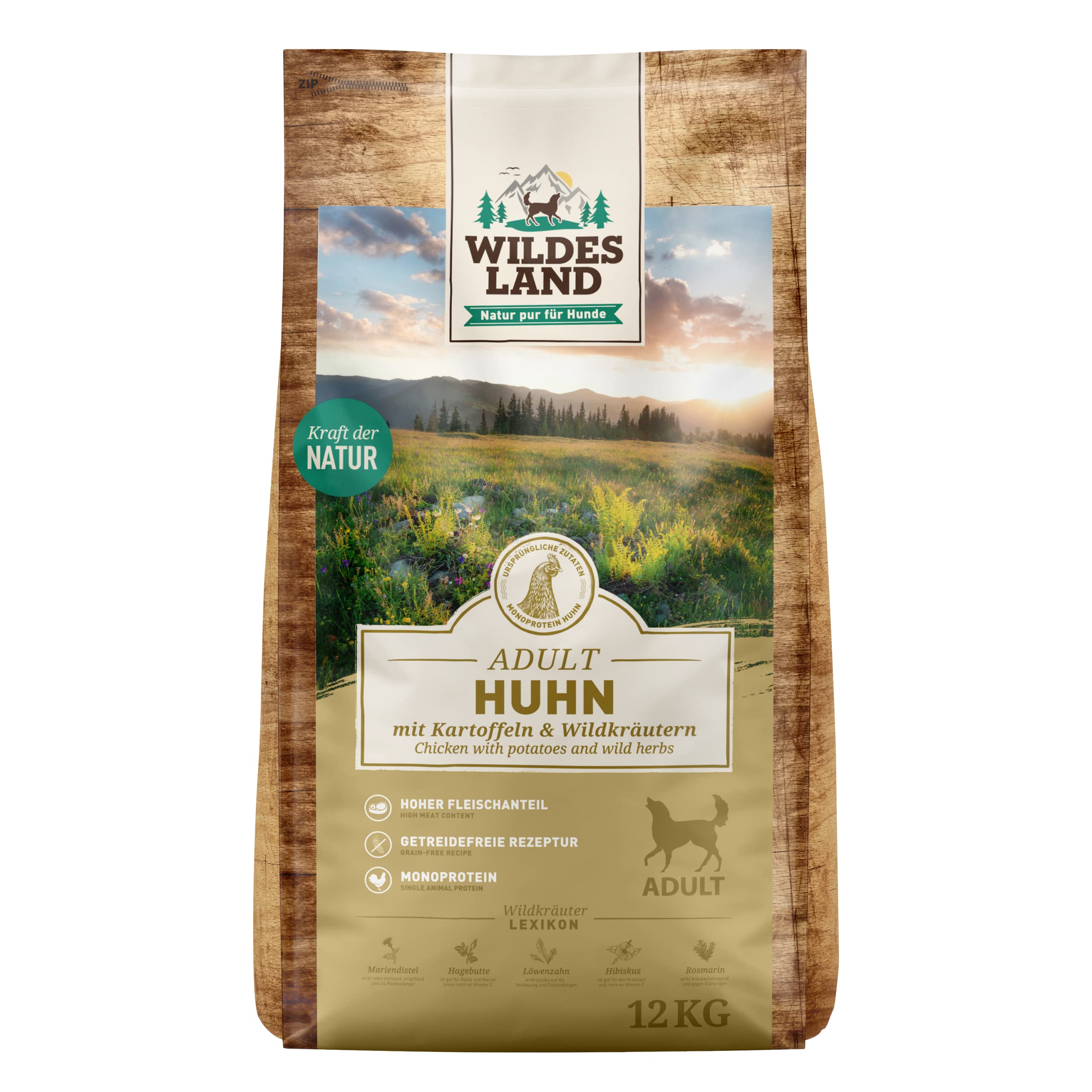 WILDES LAND – Huhn | Trockenfutter mit extra hohem Fleischanteil und natürlichen Zutaten für ausgewachsene Hunde. Alleinfutter ohne Zusatzstoffe im Beutel | 12kg Huhn