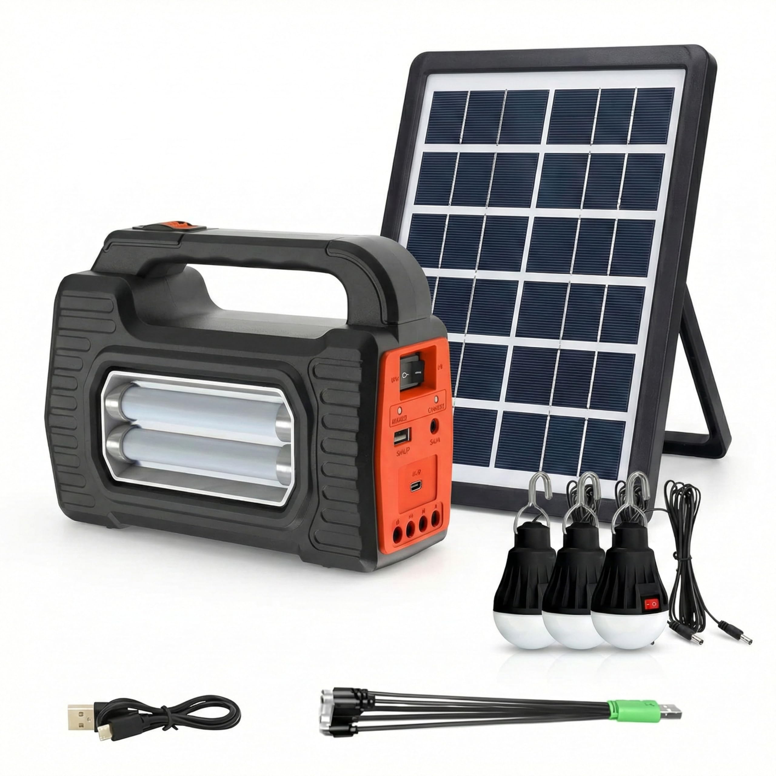 Solar Lighting System with Solar Panel | 6V 4Ah Rechargeable Battery, 3 LED Bulbs, Flood Light & Flashlight | Phone Charging Emergency Power Backup-image-31