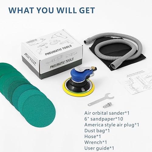 Miniatura 2 de Lijadora orbital aleatoria con manguera y bolsa para el polvo, lijadora de palma neumática con 10 papeles de lija para trabajo de carrocería de