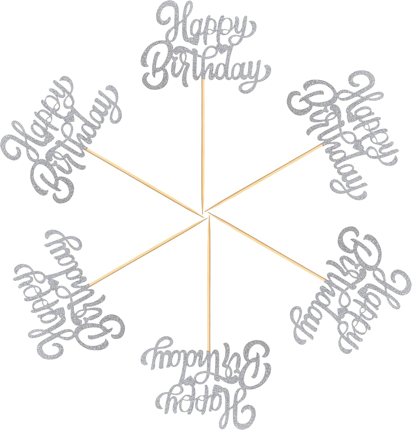 24Pcs Happy Birthday Cupcake Toppers Silver Glitter Cupcake Picks Birthday Decorations Baby Shower Anniversary Party Supplies