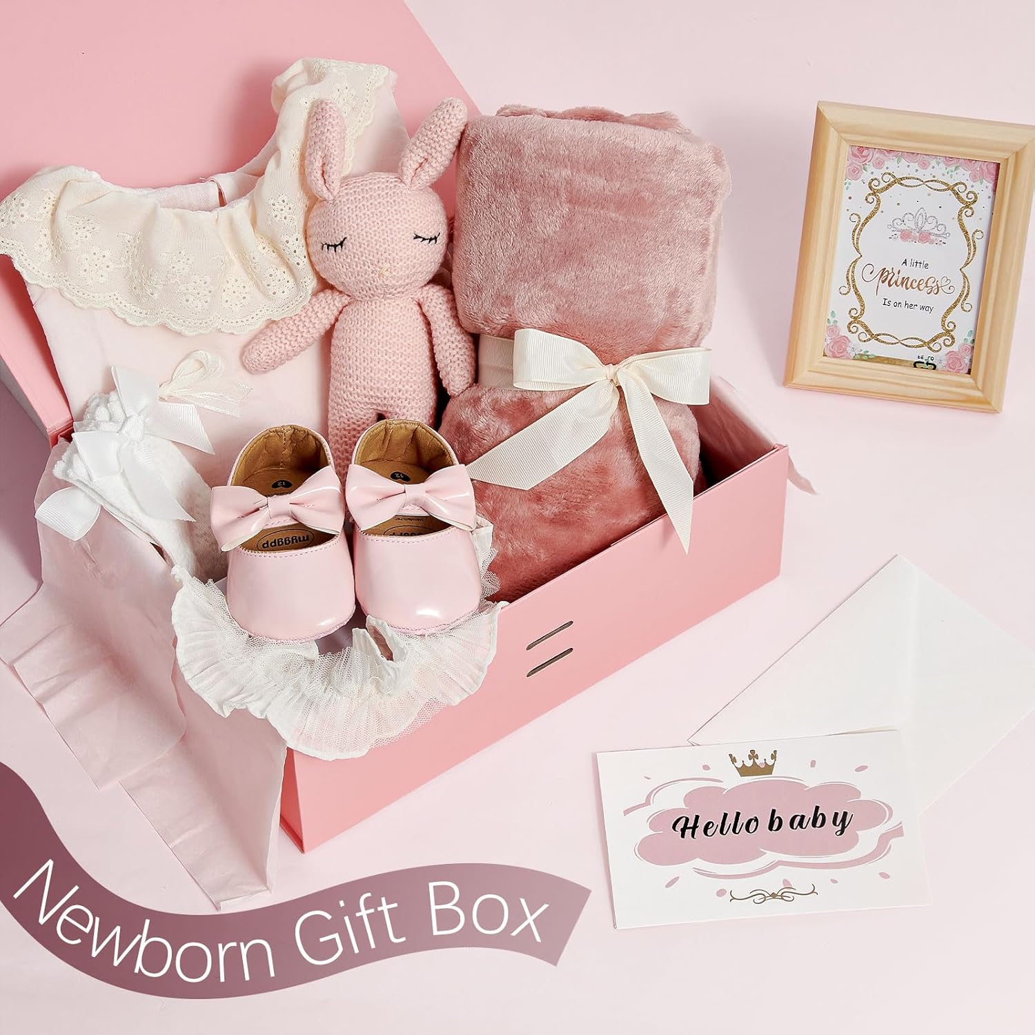 Golray Newborn Baby Girl Gifts New Born Cloths Baby Shower Gift with Bodysuit Cloth Soft Shoes/Socks/Blanket/Headband/Crochet Rabbit Toy/Greeting Card, New Born Essentials Baby Girl Gift Basket Stuff - Image 6