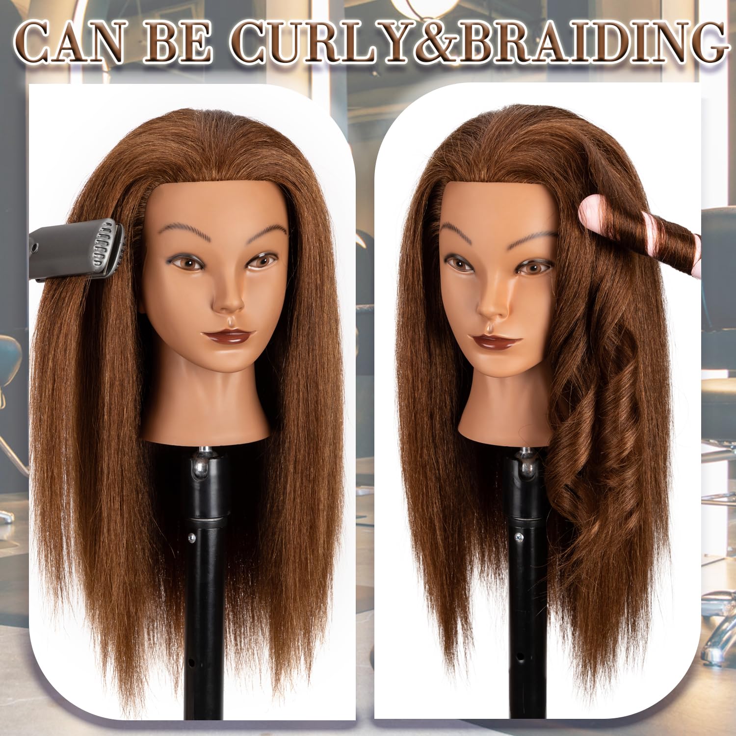 Mannequinkopf mit 100% menschlichem Haar,16" Dunkelbraun Echthaar Kosmetologie Mannequinkopf Haar Styling Friseurpraxis Training Puppenkopf mit Klemmhalter (YB16)