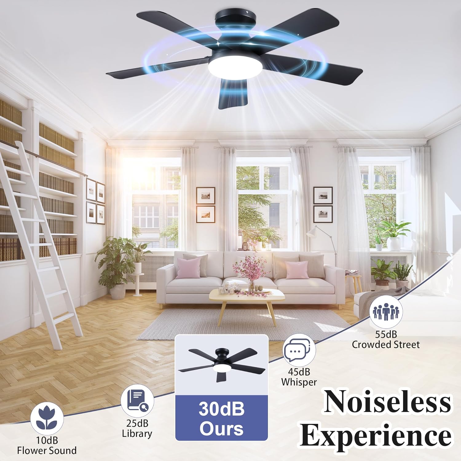 42 Inch Ceiling Fans with Lights and Remote Control, Indoor/Outdoor Flush Mount Low Profile Commercial Reversible Dimmable Ceiling Fans for Living Room Patio Industrial Shop, Black