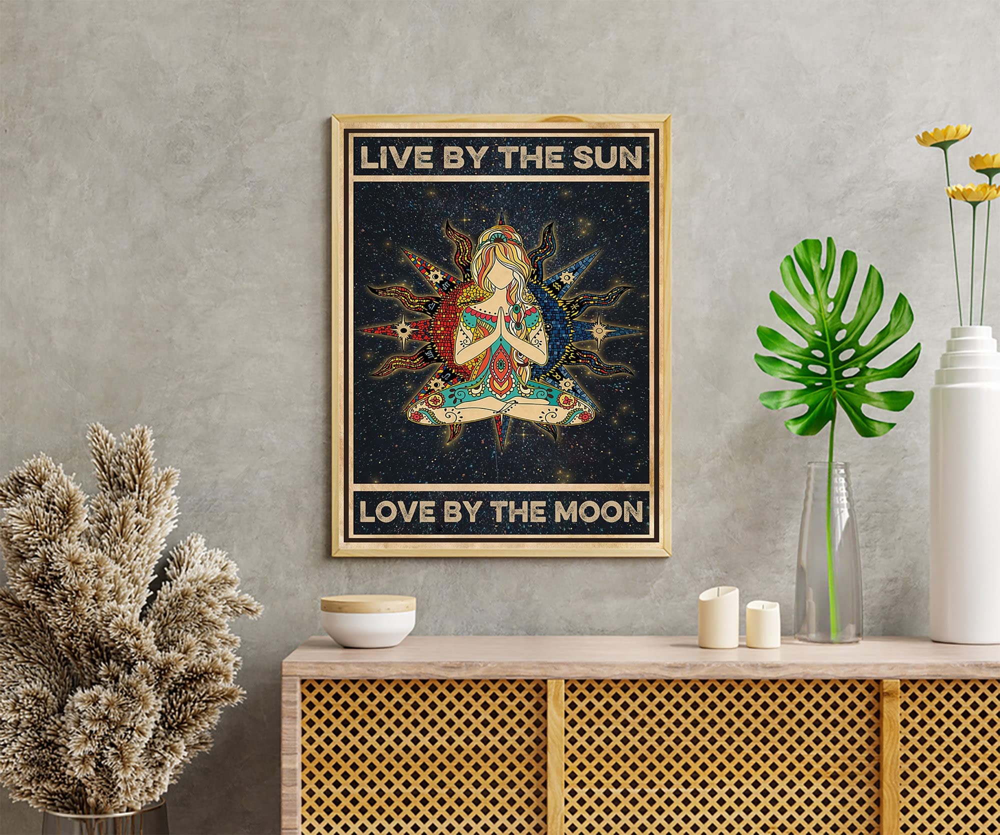 Retro Metal Tin Sign 5.5" x 8" Live by The Sun Love by The Moon Poster Yoga Sun Moon Vintage Poster Yoga Girl Poster Namaste Meditation Poster Nostalgic Art Decoration Novelty Decorative Crafts