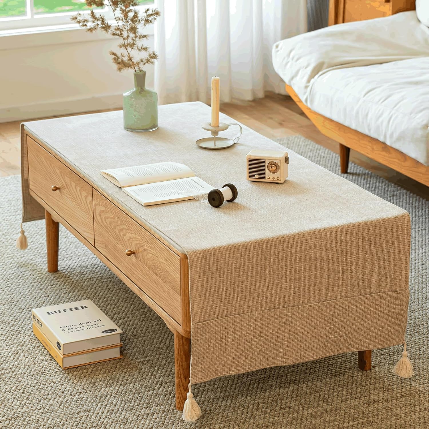 Modern Coffee Table Cover with Pockets, Scratch-Resistant Coffee Table Runner for Winter & Spring, Warm Soft Cloth with Tassels for Living Room Remote Storage (Beige, 72" L x 27.6" W)