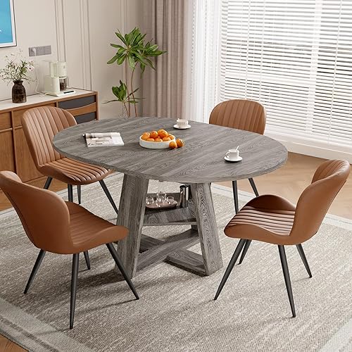 Miniatura 21 de Conjunto de mesa de comedor extensible redonda a ovalada Aivermel para 4–6, mesa de cocina de madera con almacenamiento oculto y sillas tapizadas,