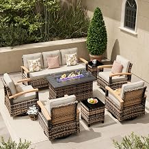 MEISSALIVVE 8 Pieces Patio Furniture Sets with Fire Pit Table, Wicker Outdoor Conversation Sets with 2 Swivel Rocker Chairs, 3-seat Sofa and Side TableBeige
