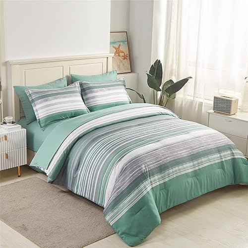 Miniatura 23 de Kakijumn - Juego de edredón de 5 piezas en una bolsa, tamaño individual, a rayas, juego completo de edredón y sábanas de patchwork en blanco, gris y