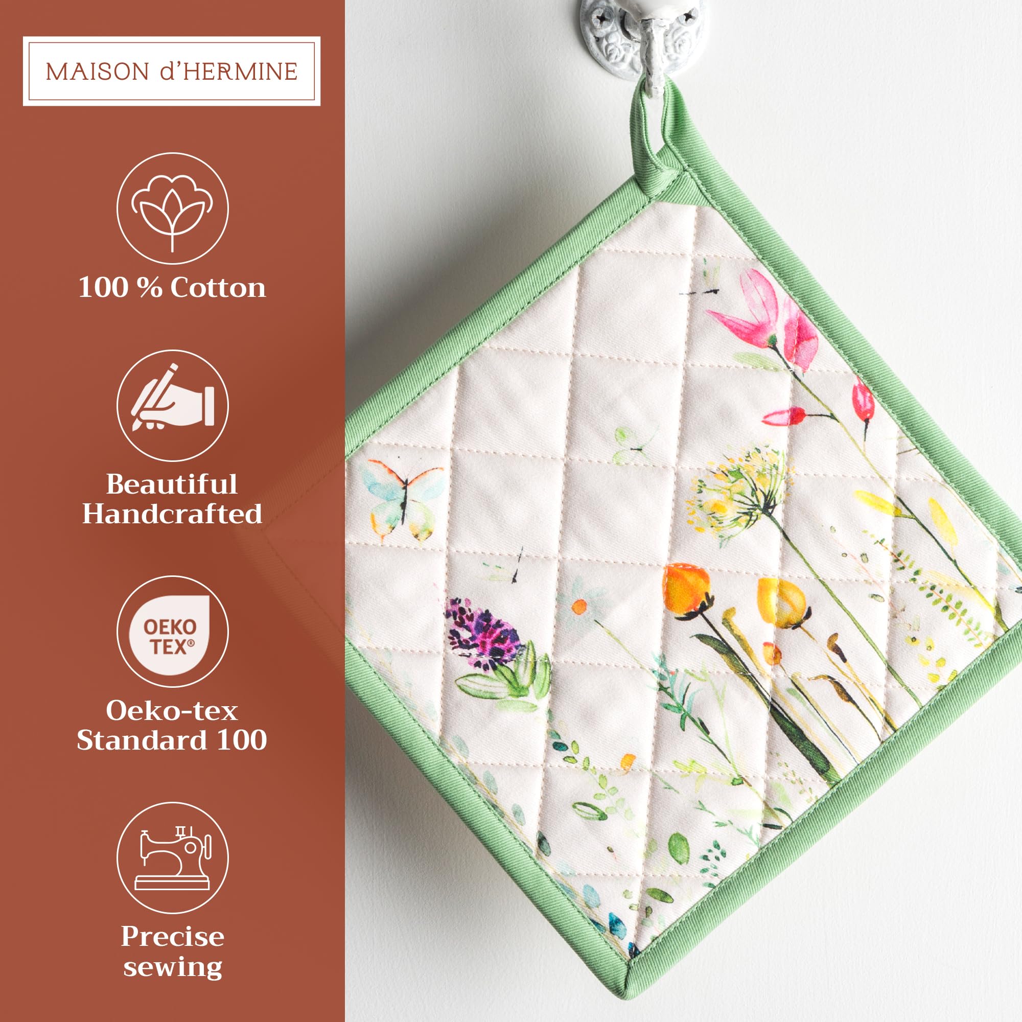 Maison d' Hermine Set di presine, 100% cotone, resistenti al calore, 20 cm x 20 cm, con anello per barbecue, per maneggiare padelle calde, Primavera Estate (Botanical Fresh, confezione da 2)