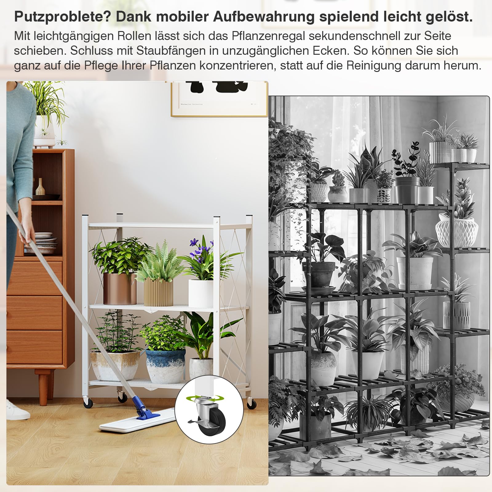 ALANNG Blumenständer mit Rädern, 3 Ablagen Stabiler Pflanzenständer | Metall Pflanzenregal Indoor Einfach/Klappbar, Weiß