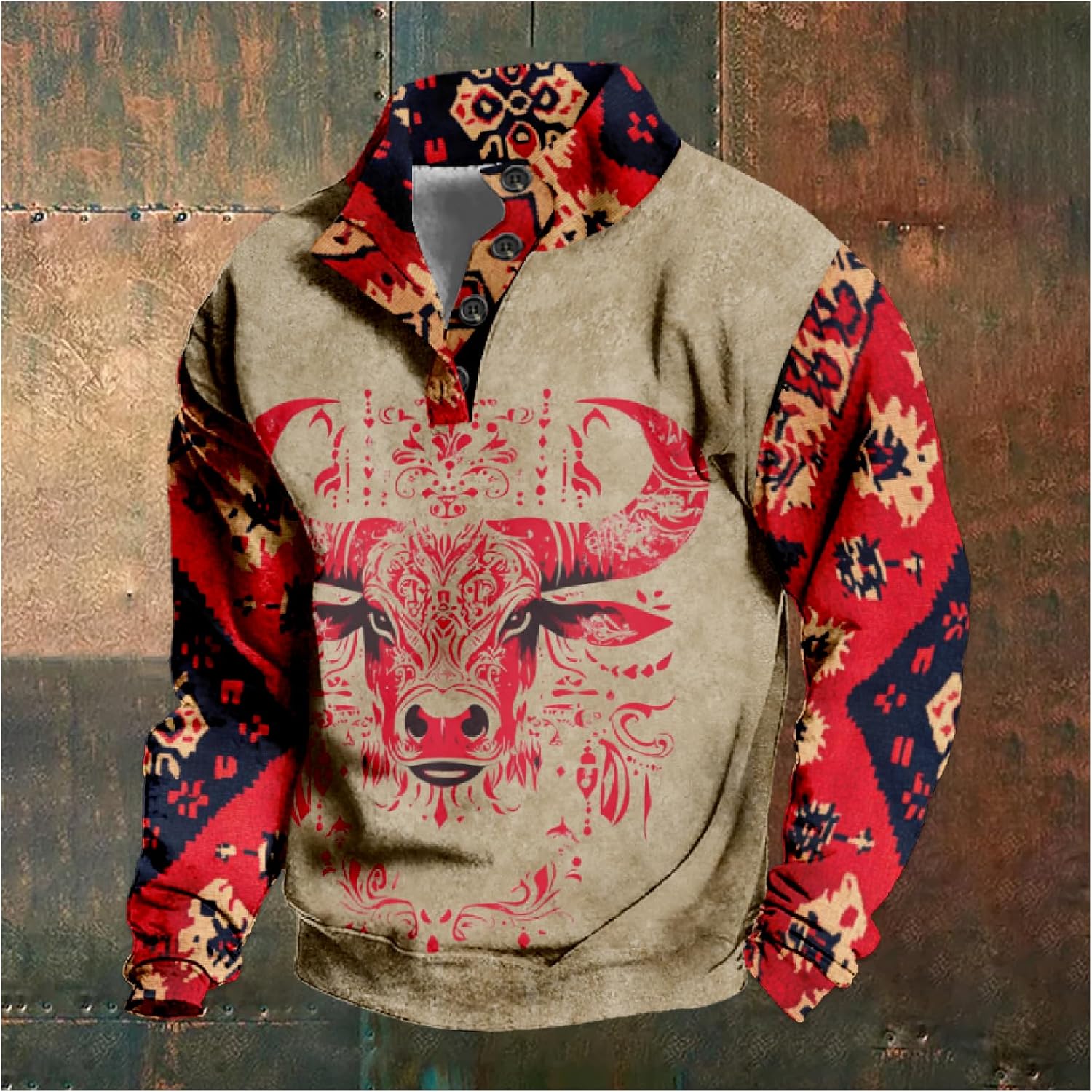 Mens Hoodies Pullover Westren Cowboy Print Aztec Ethnic Graphic Fashion Button Collared Long Sleeve Sweatshirt - Image 2
