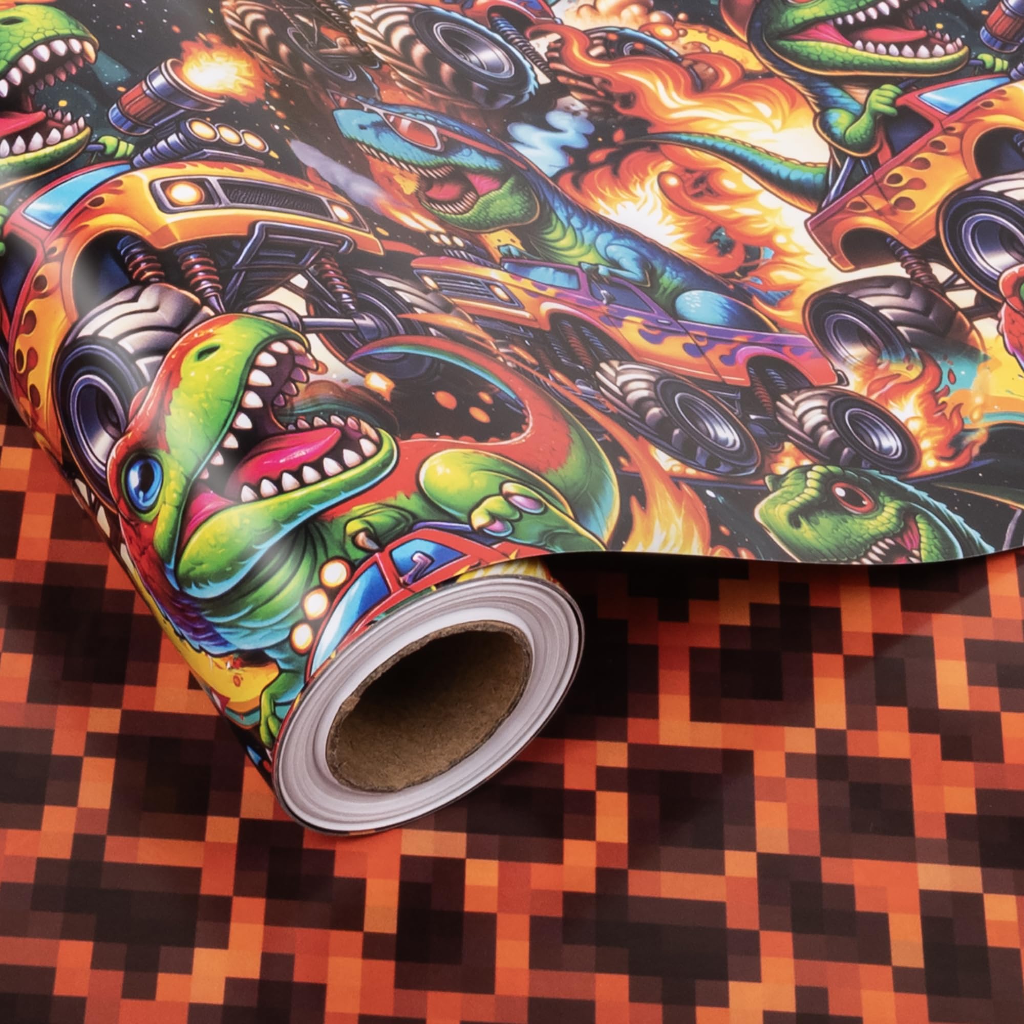Altarho Reversible Monster Truck Wrapping Paper Set Rolls For Kids Boys Dinosaur Racing Car and Lava Gift Wrap Sheets for Volcano Halloween Baby Shower Birthday Party Decoration Total 28.5sq.ft โ image 1