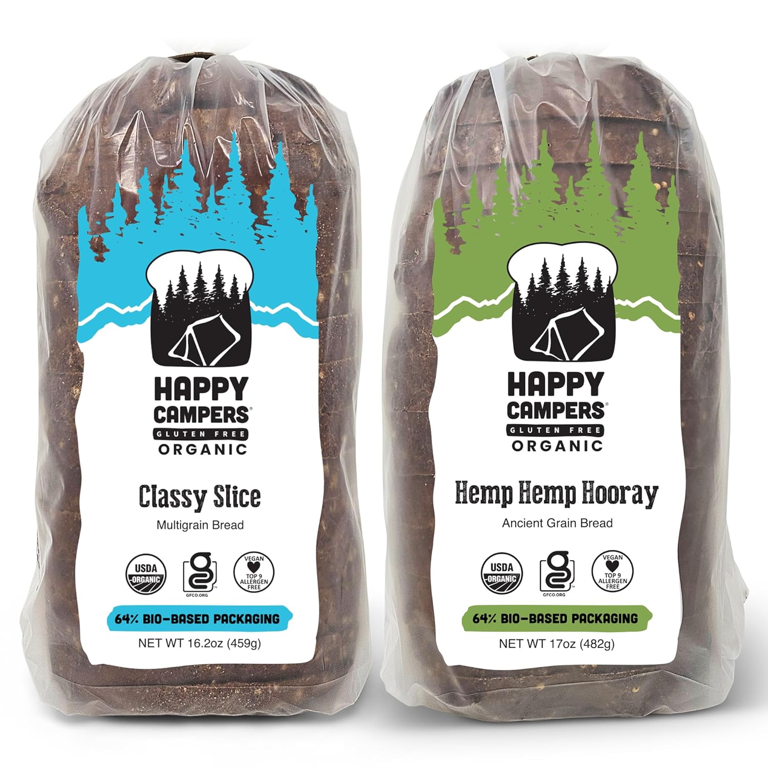 Happy Campers Variety Pack Gluten Free Bread, White Whole Grain and Hemp Multi-Seed, Non-GMO, Vegan, Organic, 16.2-17.4 Oz Loaves (Pack of 2)