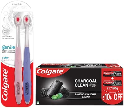 Colgate Adult Gentle Ultrafoam Ultra Soft Bristles Manual Toothbrush 2 Pcs,& Colgate Charcoal Clean Black Gel Toothpaste