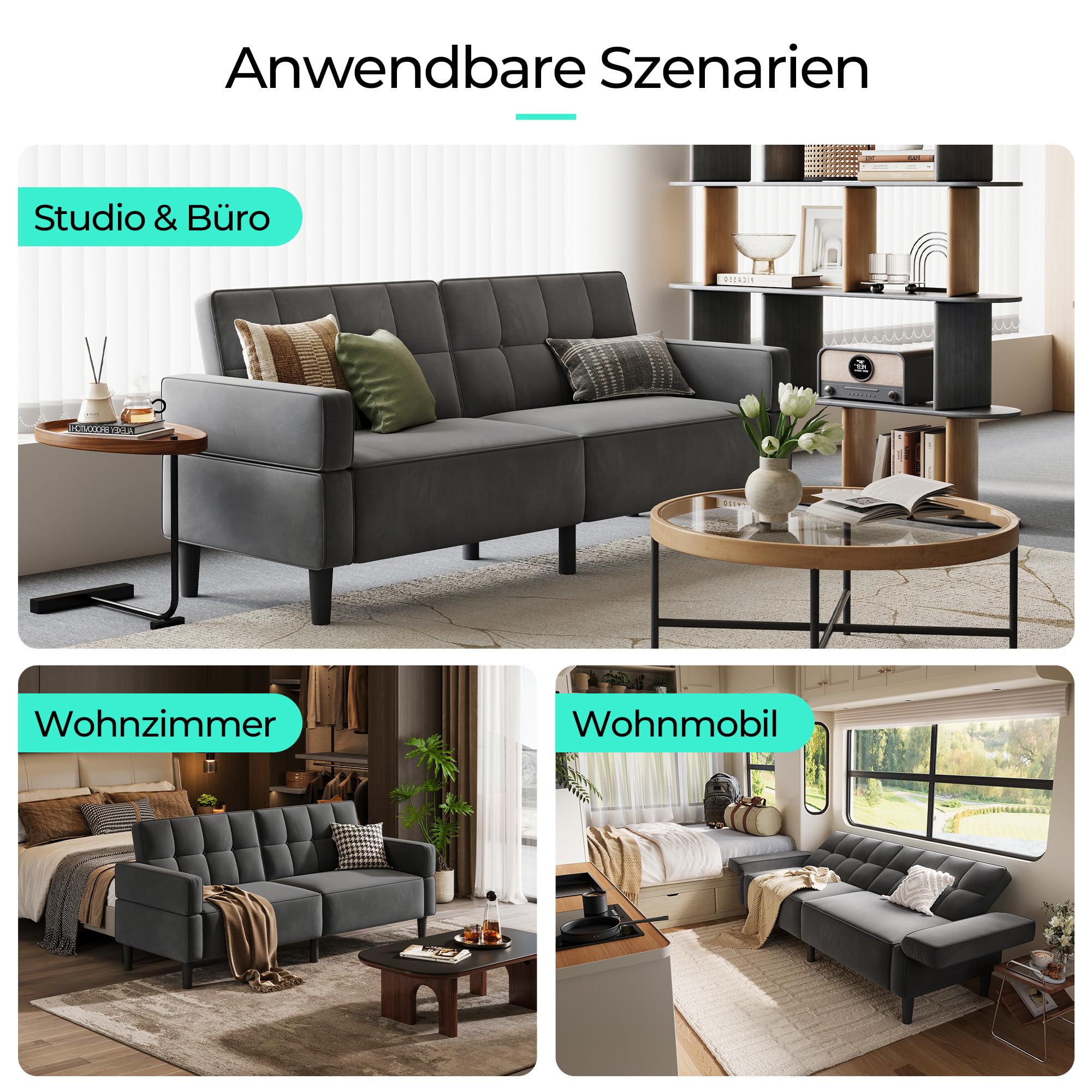 LINSY HOME Sofa mit Schlaffunktion, Klappsofa Sofa 3 Sitzer, Schlafsofa mit Verstellbarer Rückenlehne Armlehnen, 3 Sitzer Sofa mit Bettfunktion aus Samtstoff (Grau)