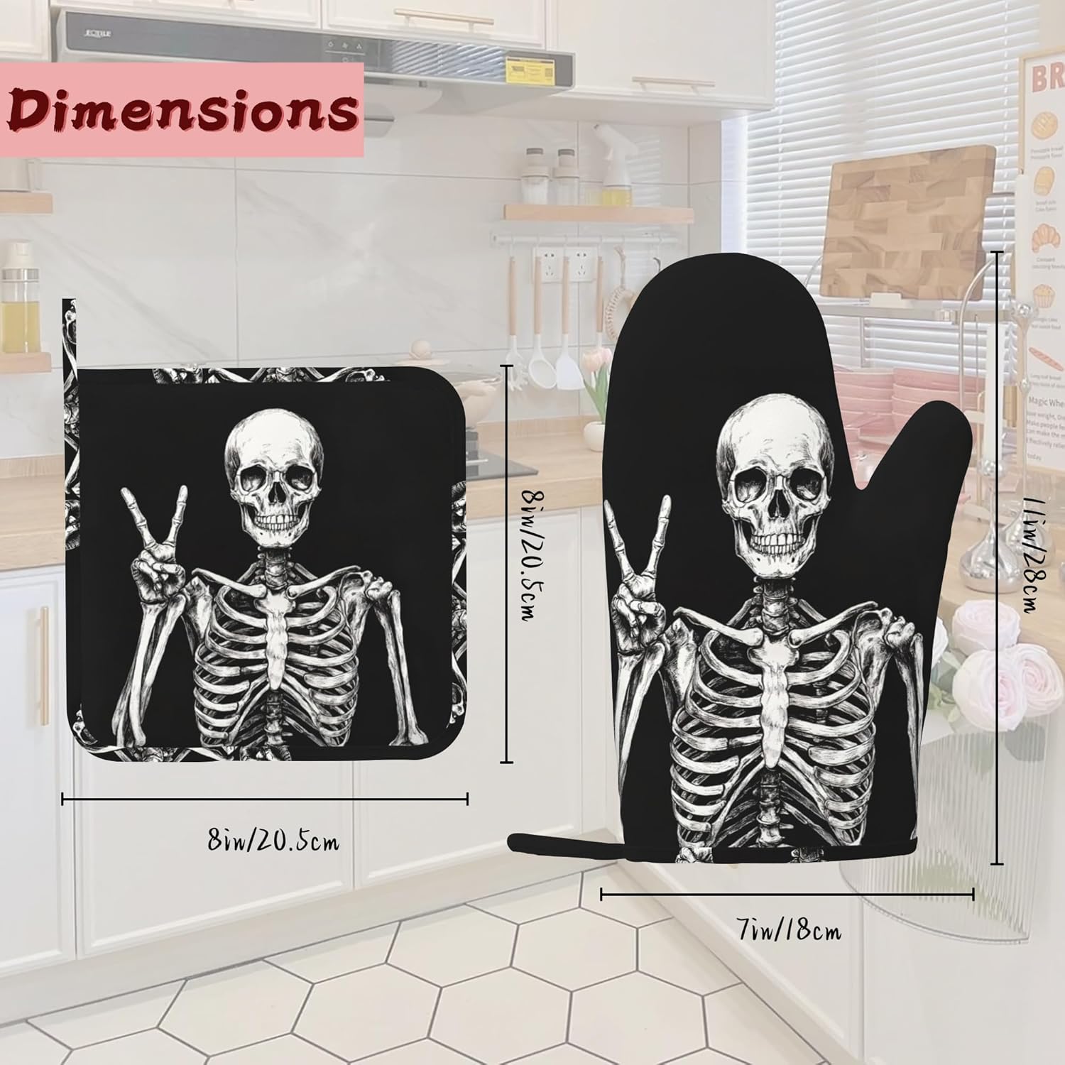 Funny Skull Heat-Resistant Silicone Oven Mitts and Pot Holders 4 Piece Set,Extra Long Non-Slip Kitchen Oven Gloves for Cooking, Baking, BBQ,Grilling