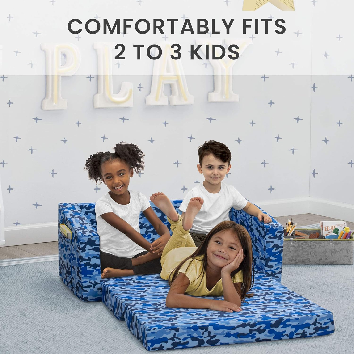 Delta Children Cozee 2-in-1 Sofa, 2-Seater Convertible Toddler Couch Sleeper, Wide 2-in-1 Flip Open Foam Chair for Playroom, Pet-Friendly, Bed Lounger, Comfy Play Sleeping Lounge Chair, Blue Camo