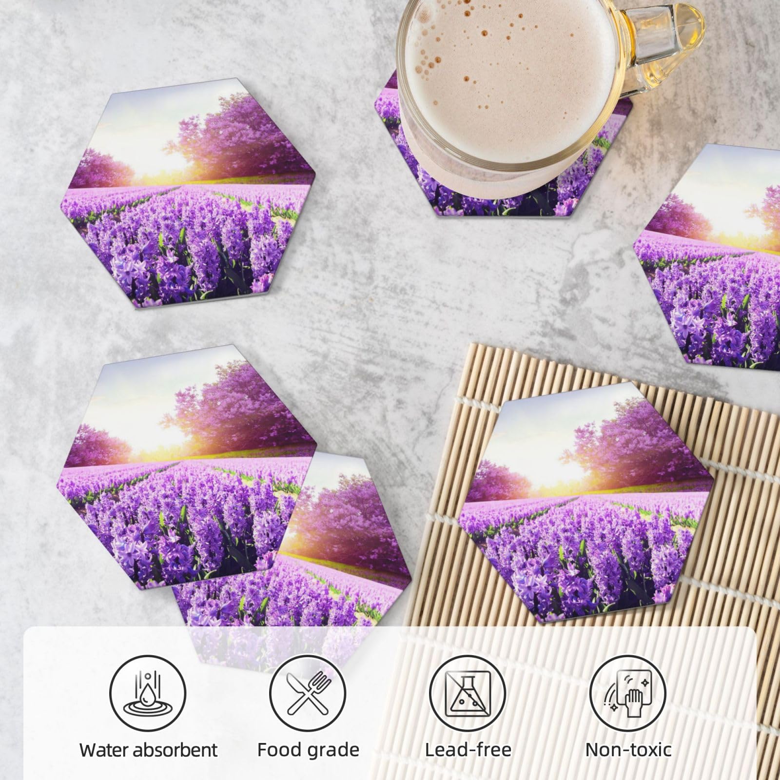 Set Van 6 Keramische Onderzetters Absorberende Paars Lavendel Print Drink Onderzetters Bar Onderzetters Met Kurk Base Voor Kantoor Home Decor Set Van 6 Keramische Onderzetters Absorberende Paars Lavendel Print Drink Onderzetters Bar Onderzetters Met Kurk Base Voor Kantoor Home Decor