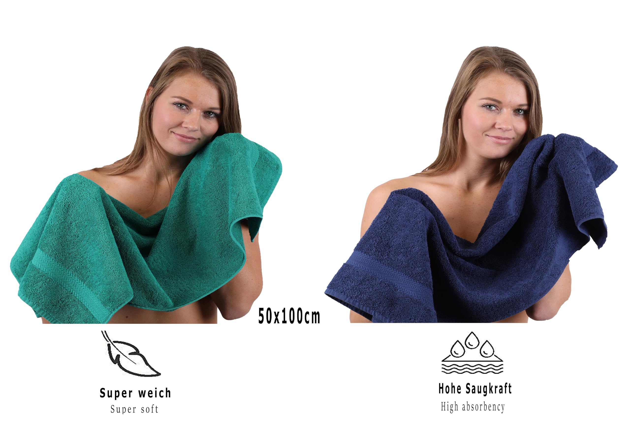Betz Juego de 10 Toallas Classic 100% algodón 2 Toallas de baño 4 Toallas 2 Toallas de Mano 2 Toallas Cara de Color Verde Esmeralda y Azul Marino