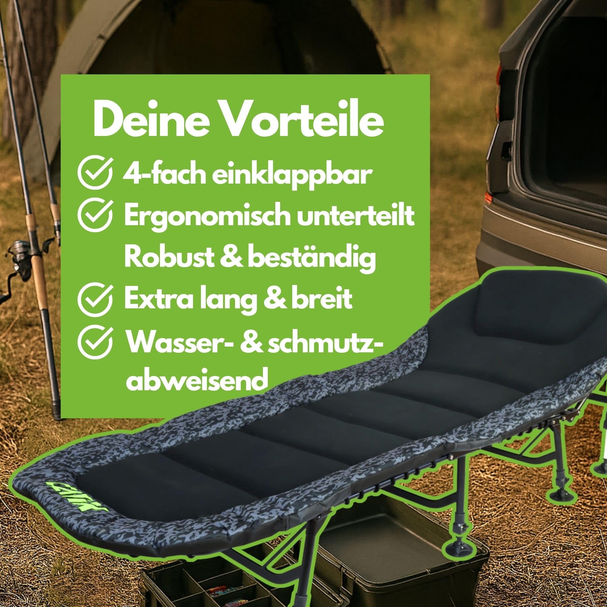 CATIX D-Camou 8-Leg Bedchair – extra Lange & breite Angelliege mit 8 verstellbaren Beinen, 150 kg Tragkraft & gepolstertem Kopfteil - Campingliege, Karpfenliege, Outdoor Liege – Black/Grey Camou