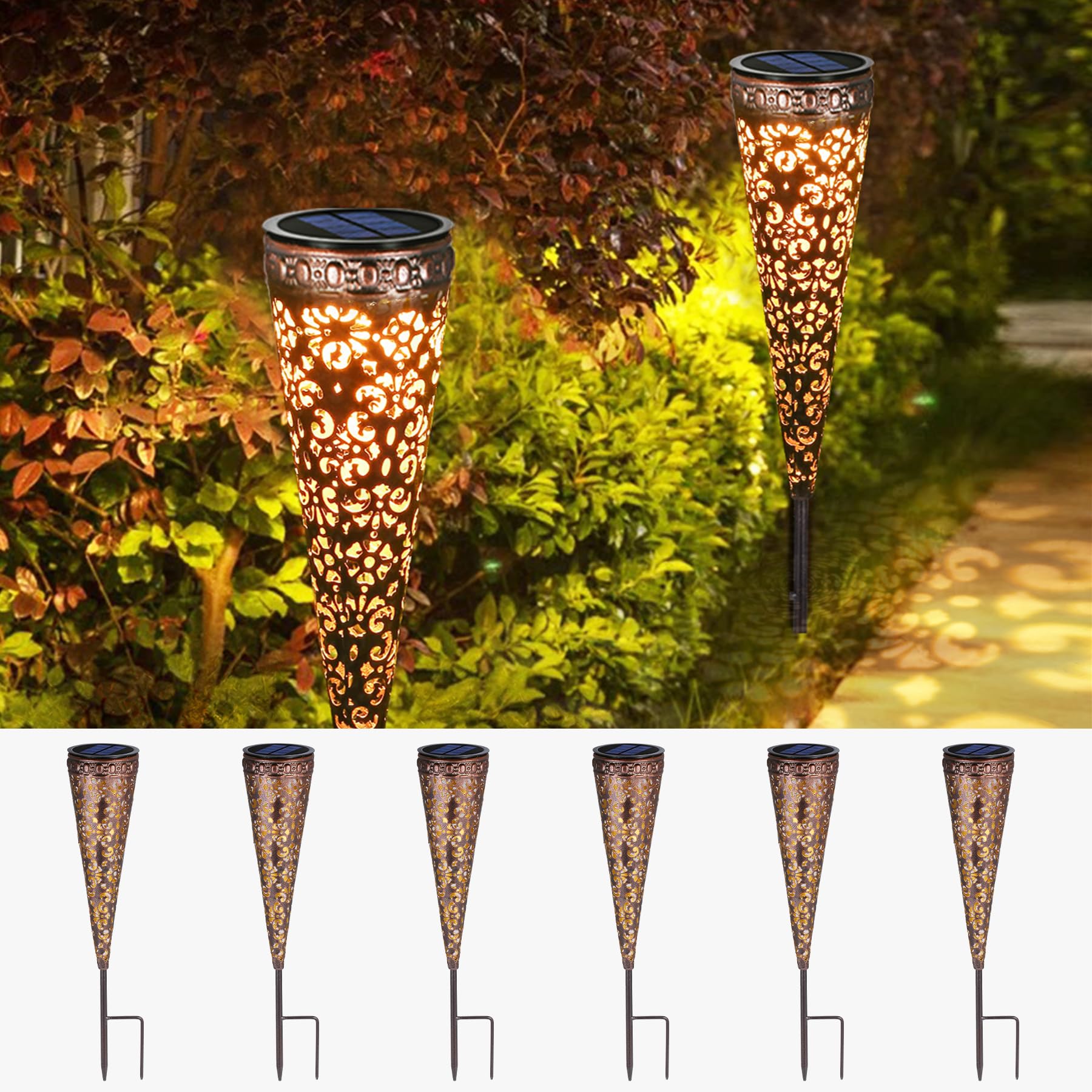 Görvitor Metall Vintage Solarlampen, Görvitor IP65 Wasserdicht Garten Solarleuchten für Außen, Warmweiß LED Solar Gartenleuchten mit Erdspieß Deko für Terrasse Blumenkasten Balkon
