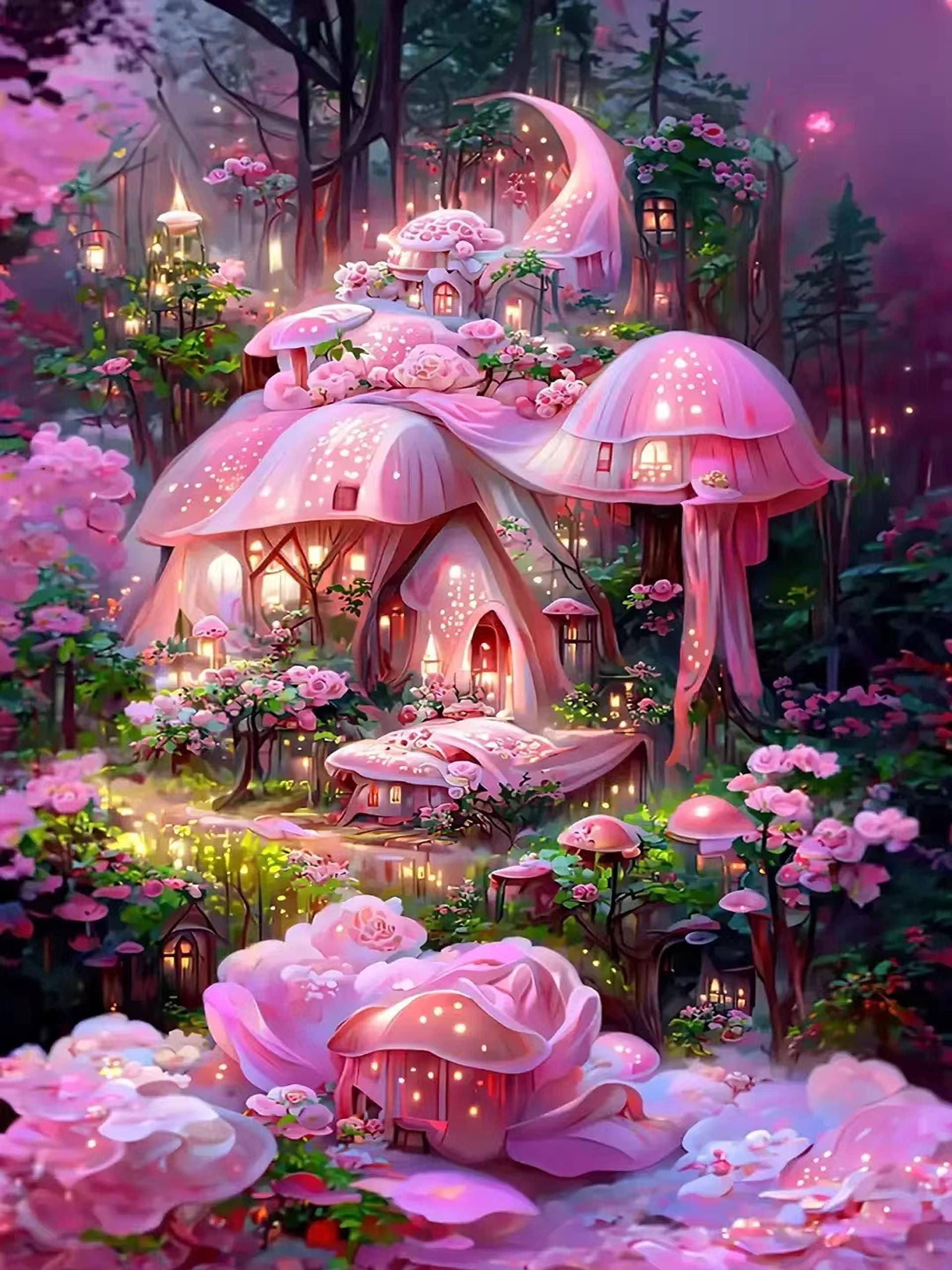 – SYOSI 5D Diamond Painting, Pink Mushroom Cottage DIY Diamond Painting Set, Painting Art Landscape Picture Arts Diamond Painting Set for Home Wall Decor (11.8 x 15.7inch)