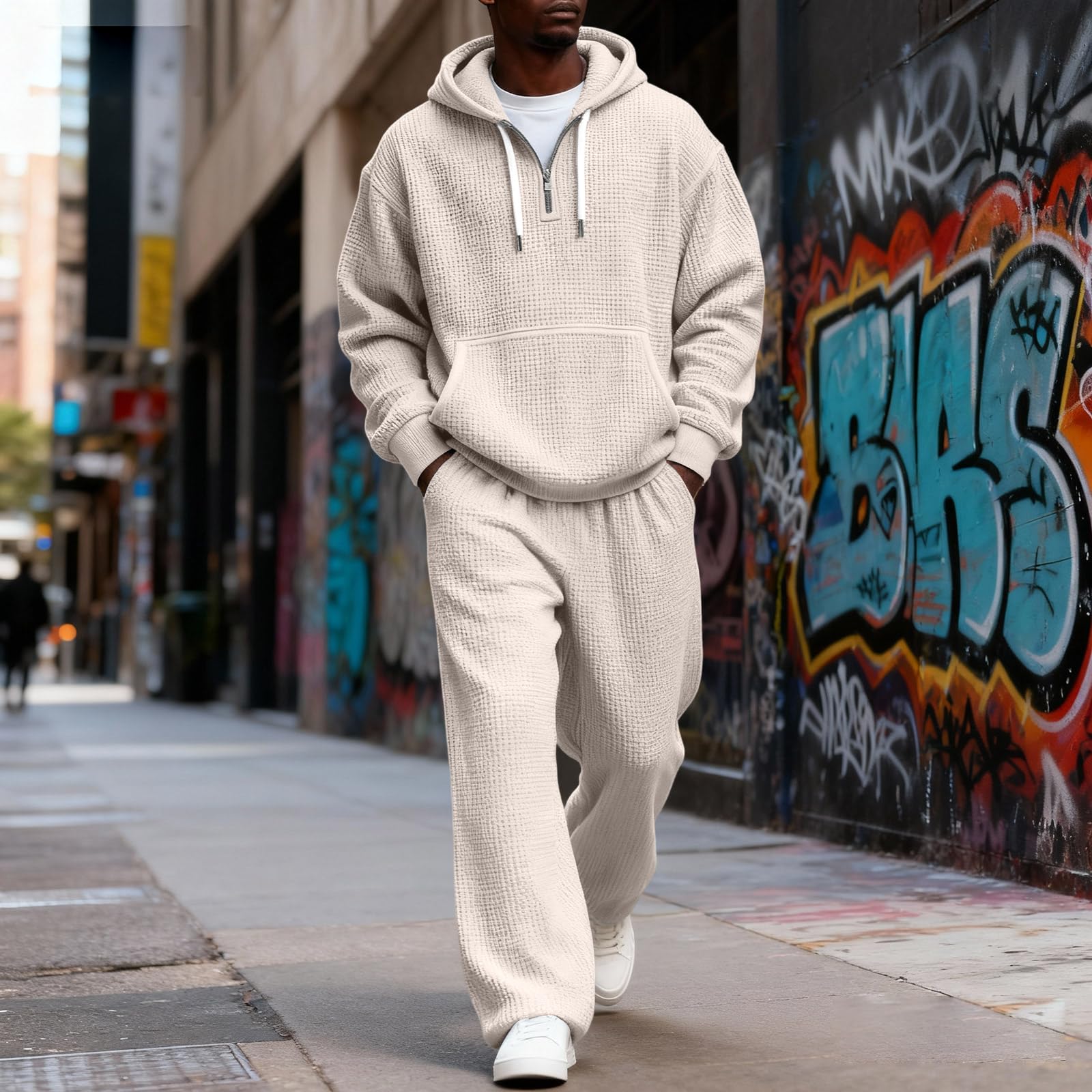 Jogginganzug Herren Einfarbig Langarm 1/4 Zip Sportanzug mit Taschen Outdoor Zweiteiler Schwitzanzug Casual Activewear Trainingsanzug Jogginghose Tracksuit Freizeit Hoodie Set Sweatshirt