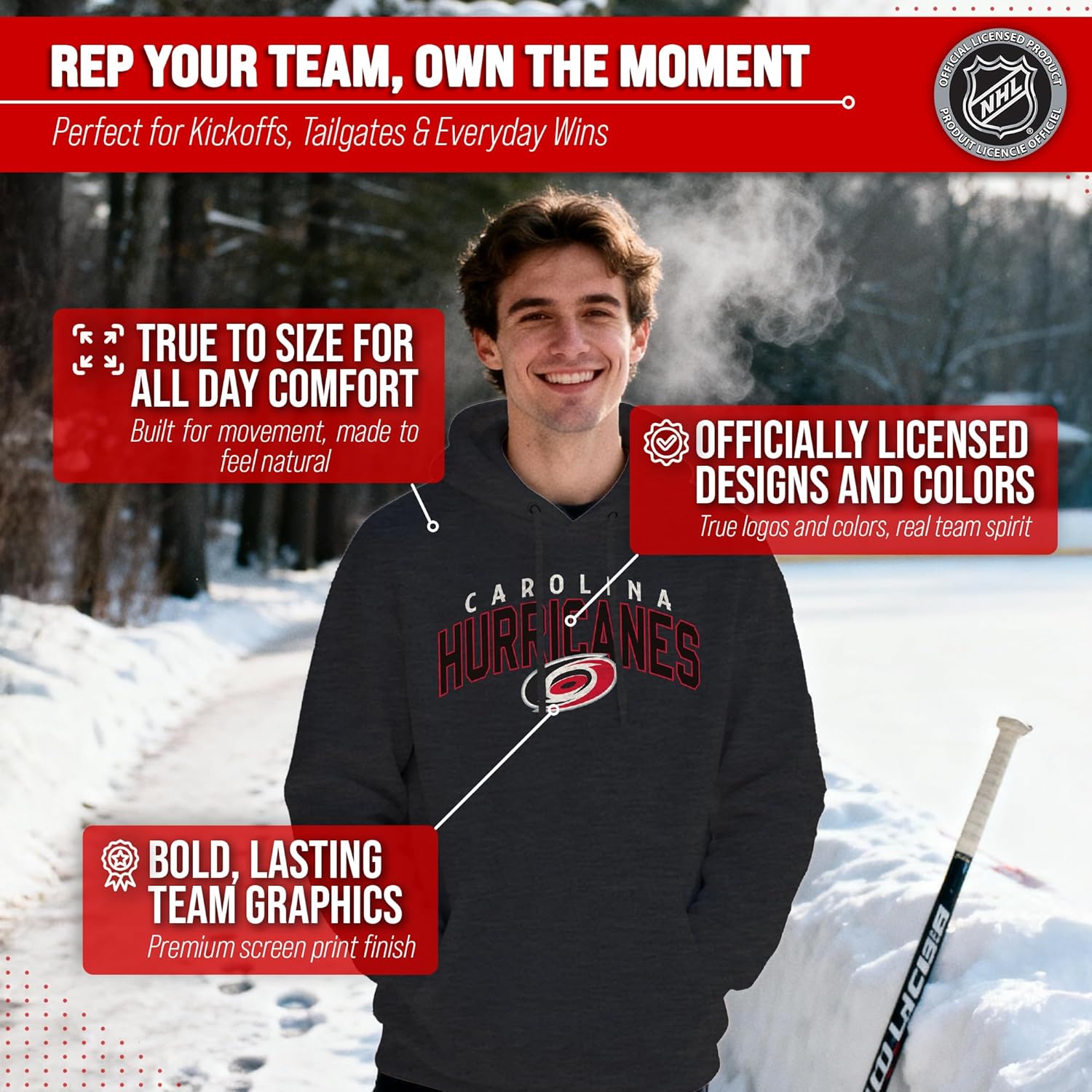 Wright & Ditson NHL Adult Unisex Powerplay Hooded Sweatshirt - Cotton Poly Fleece - Tagless and Comfortable