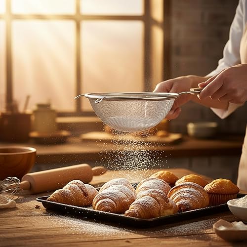 Miniatura 9 de Colador de 8 pulgadas de diámetro mediano de acero inoxidable de malla fina de malla simple con mango de color marrón plateado tamiz de cocina