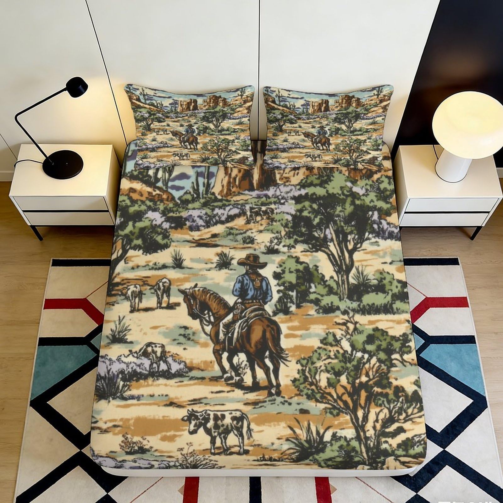 3D Printed Western Cowboy Fitted Sheet Microfiber Soft Breathable Desert Landscape Mattress Cover for Bedroom Decor 90x200x25cm