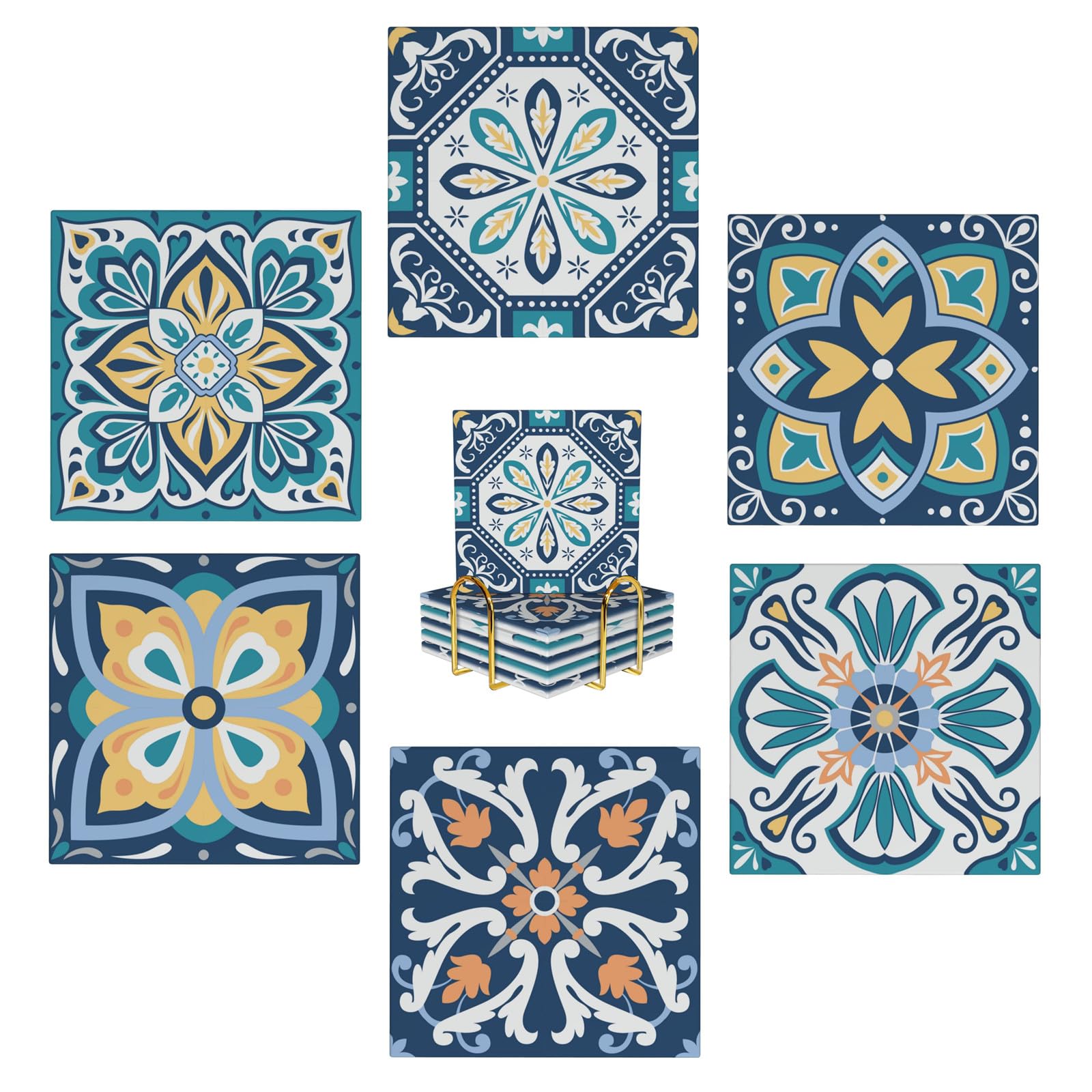 Dessous de verre absorbants en céramique vintage bleu marine (Lot de 6 avec support)