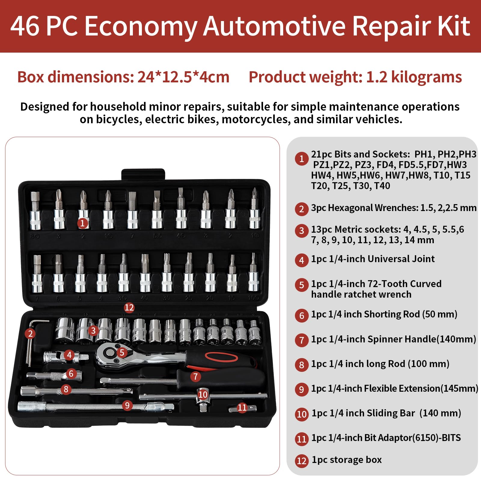 Kit de Clé Plate à Cliquet et à Douille 46 Pcs Cr-V - 1/4" 72 Dents Avec Boîte à Outils - Outillage Mécanique Auto Chromé et Poli Miroir Pour Réparation