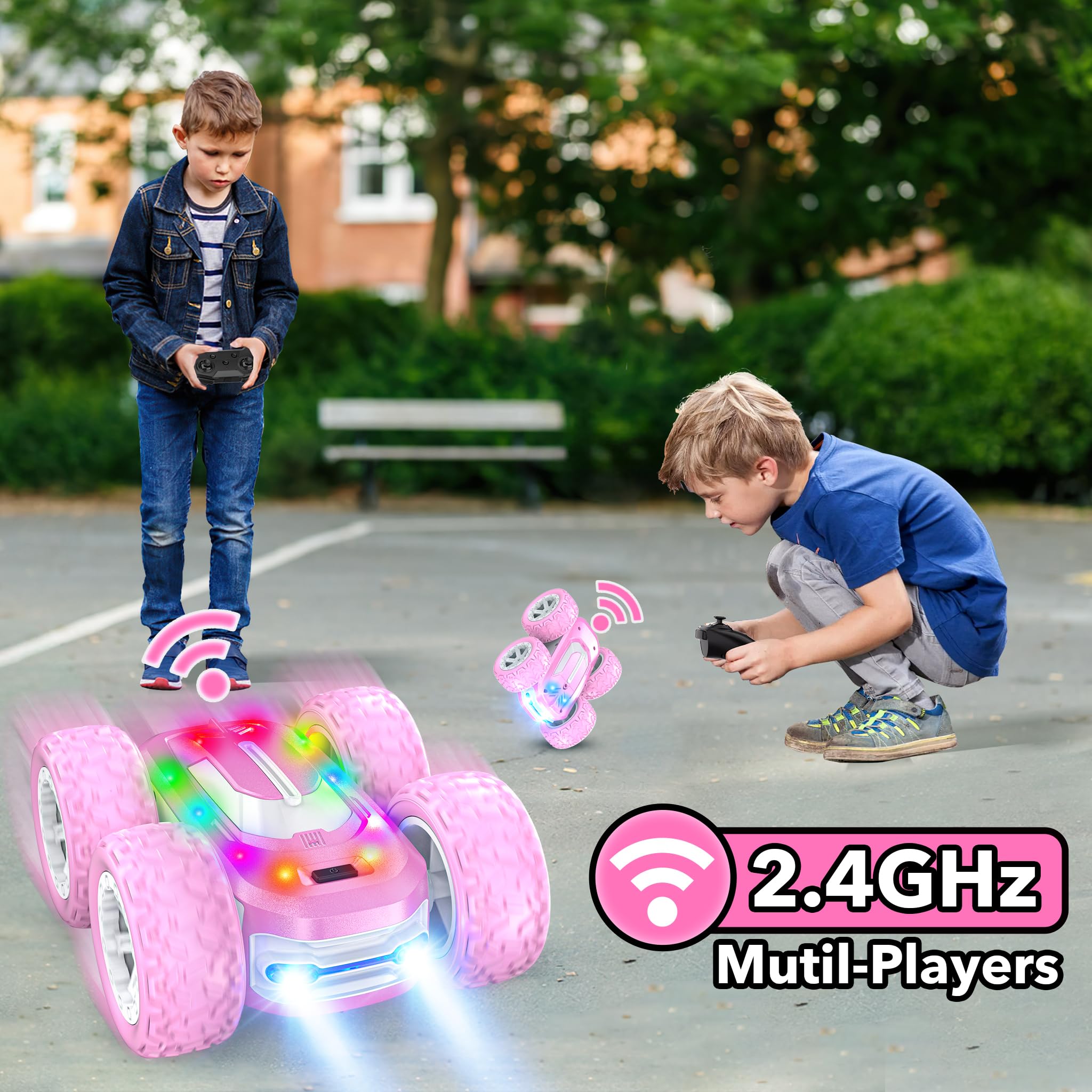 Voiture Télécommandée Fille, Jouet Enfant 8 9 10 11 12 Ans 4WD Voiture Cascadeuse 360° Rotation avec Lumière LED RC Drift Course Camion Tout Terrain Jeux Exterieur Jardin Cadeaux Garçons Filles (Rose)