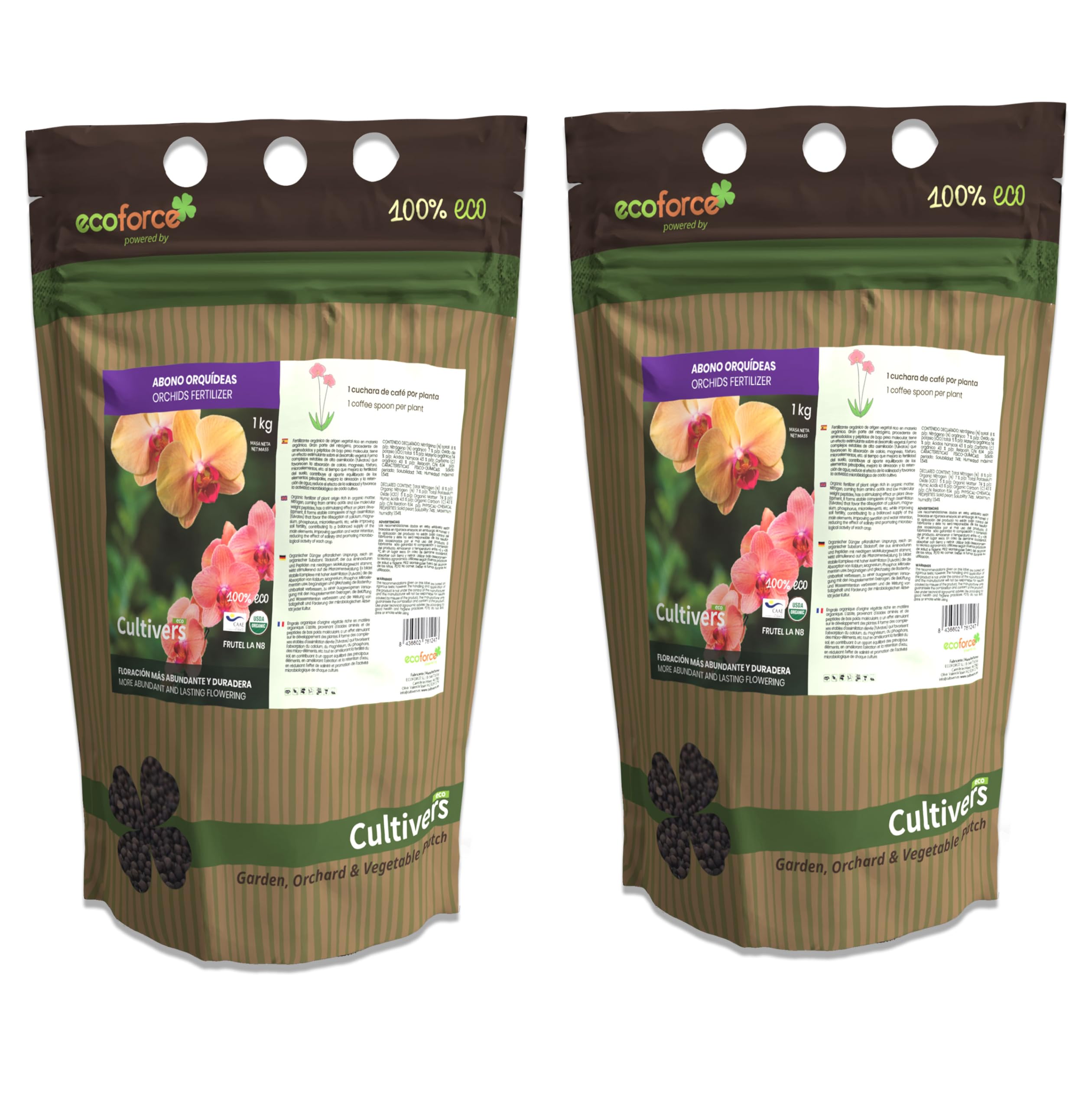 CULTIVERS Abono Orquídeas Ecológico 2x1kg. Fertilizante de Origen 100% Orgánico y Vegano Granulado. Potencia el Crecimiento y Estimula la Floración