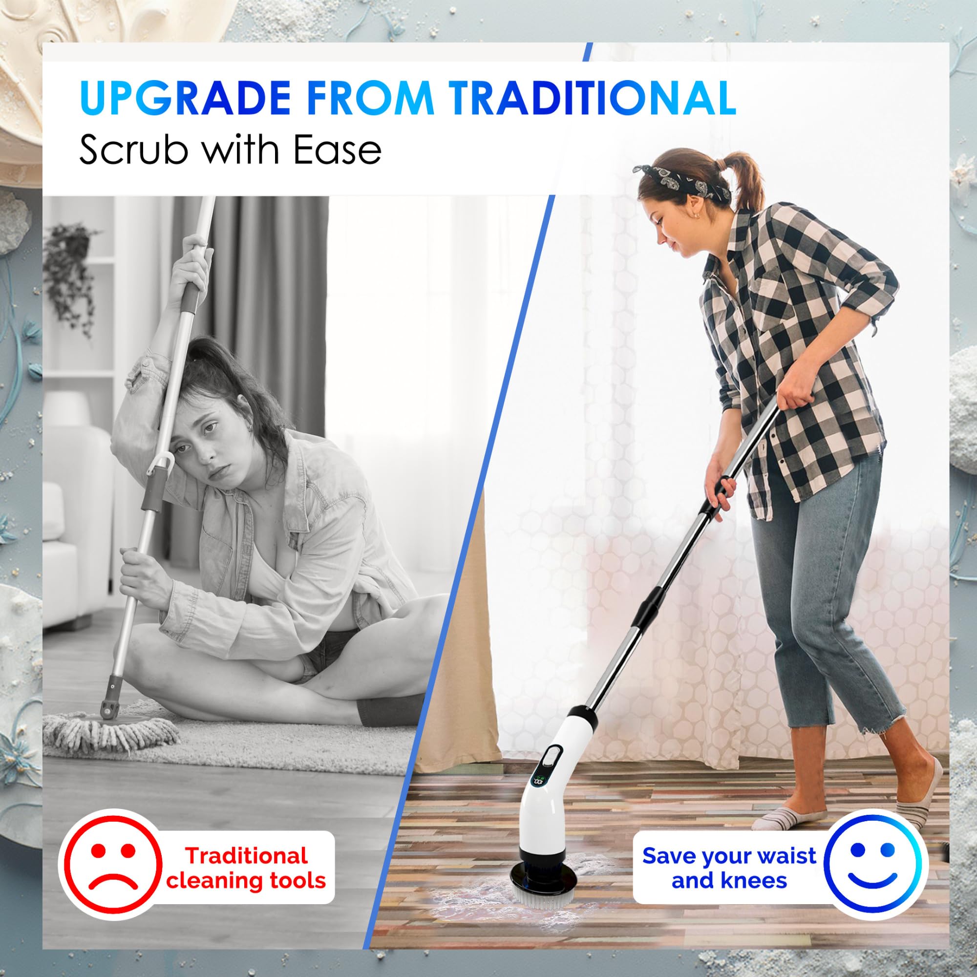 Limpiador giratorio eléctrico para limpieza, limpiador eléctrico inalámbrico con mango de extensión ajustable y 7 cabezales de cepillo reemplazables, IPX7 impermeable, para baño, ducha, bañera