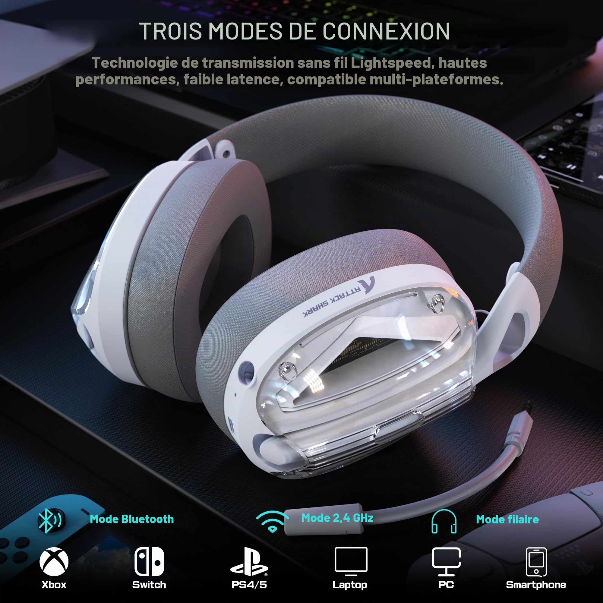 ATTACK SHARK L60 Casque Gaming sans Fil avec Mics Détachables-Blanc | 2,4G/BT/3,5mm, Ultra-léger Headset, Haut-parleurs de 40mm, Circum-aural, Réduction de Bruit, Son Surround 3D, PC/Mac/PS/Xbox