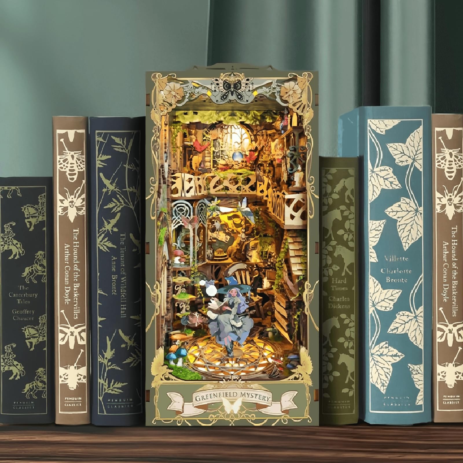 DIY Book Nook Kit, Magic LED Bookend, Touch Control, Ambient LED Lighting, Creative Versatile Home Decor (Green Fairyland)