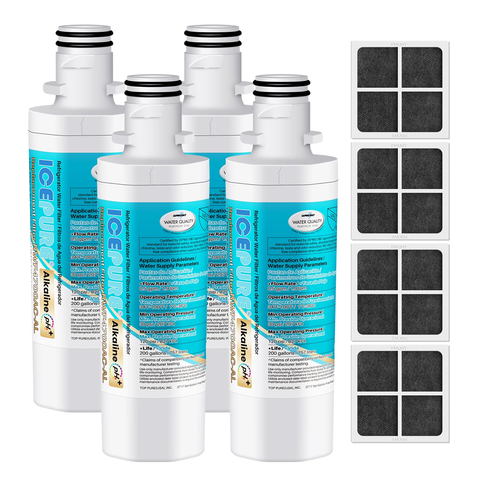 ICEPURE Alkaline LT1000PC Refrigerator Water Filter and Air Filter Replacement for LG LT1000P/PC/PCS, Kenmore 9980, ADQ74793501 ADQ74793502 ADQ747935 MDJ64844601 LMXS28626S LT1000, Enhances PH, 4Combo
