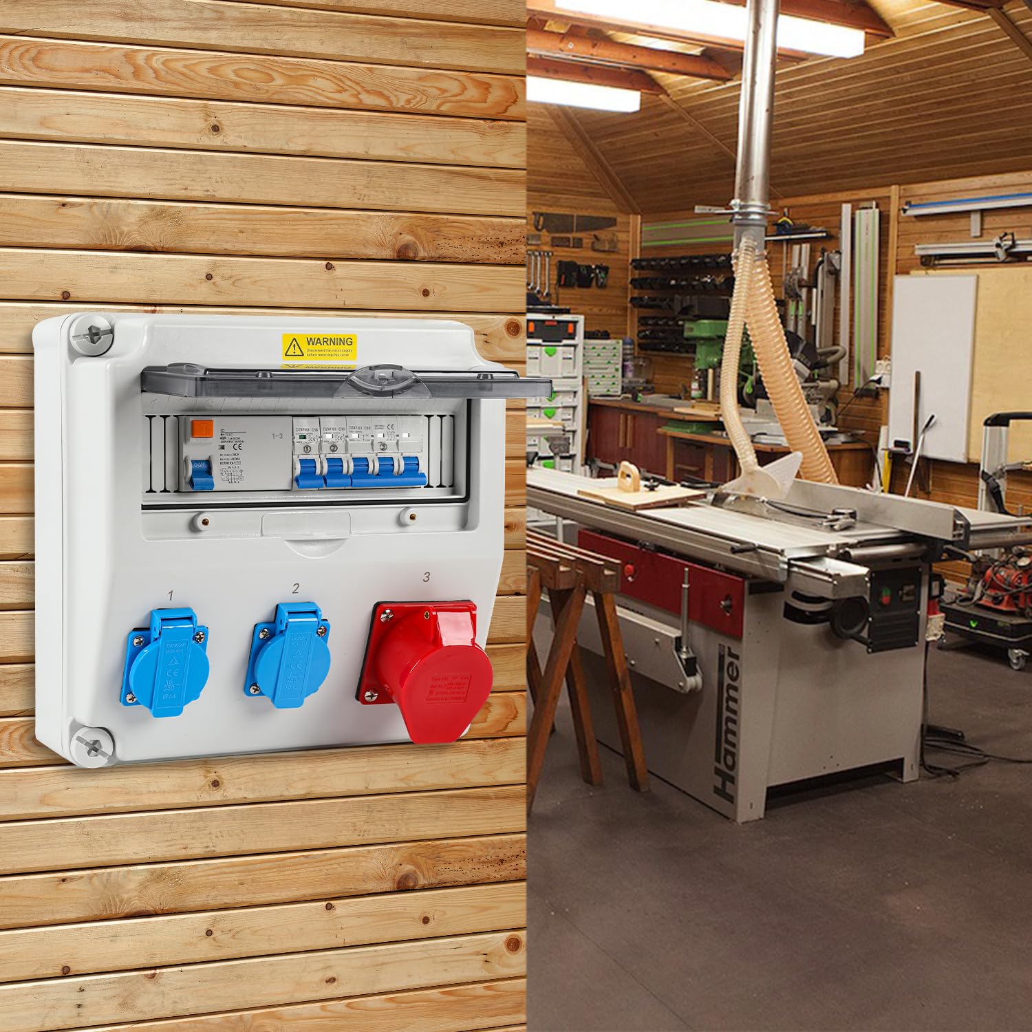 Rozdzielacz ścienny, 1 x 16 A 2 x 230 V z LS+FI, z wyłącznikiem ochronnym, z RCB, rozdzielacz z pokrywą bezpieczeństwa, gniazdo CEE 16 A, do użytku wewnątrz i na zewnątrz