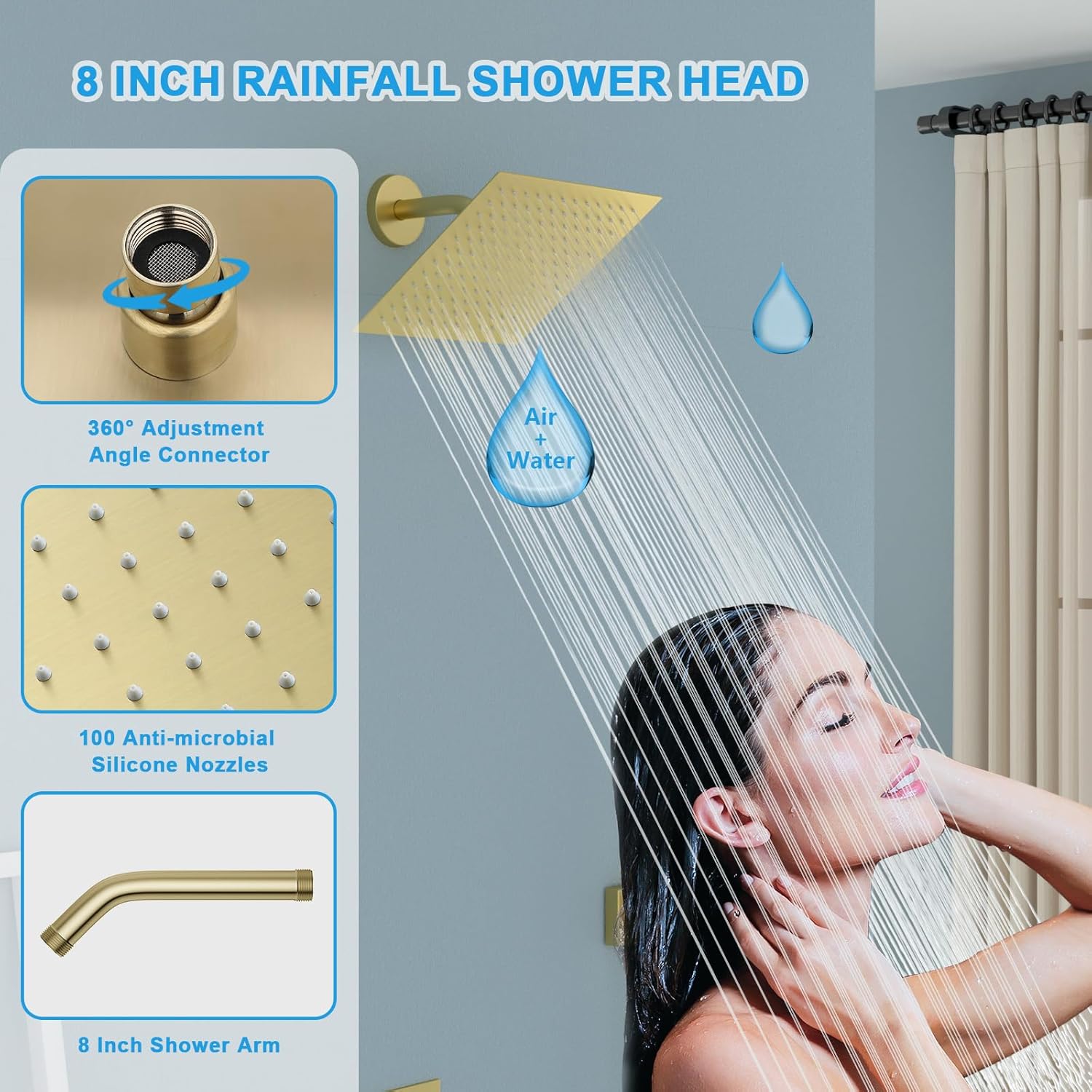 Lordear Rain Shower System Wall Mounted Shower Faucet Set with 8 Inch Stainless Steel Shower Head Handle Set and Solid Brass Valve, Brushed Gold Finish
