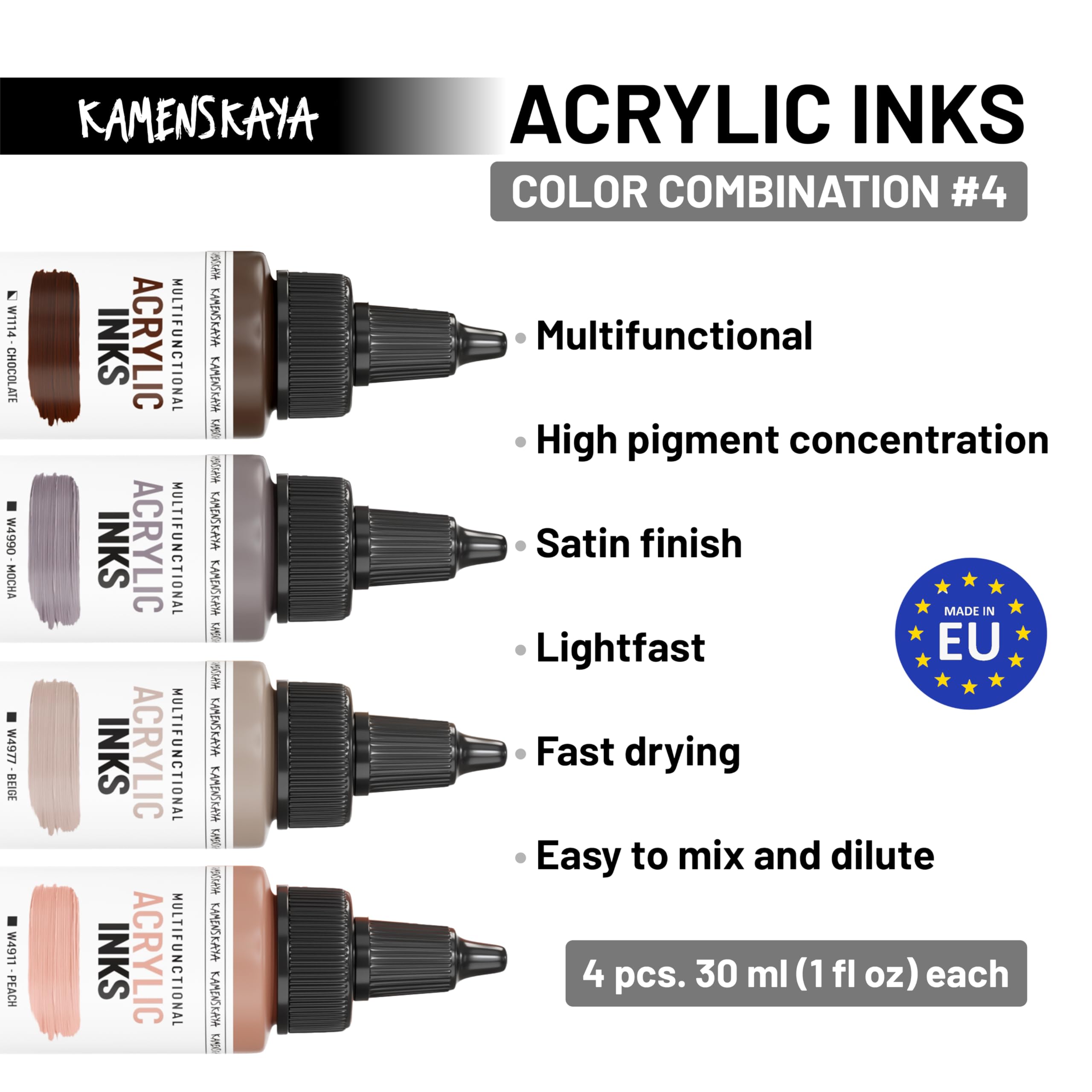 KAMENSKAYA Acrylic Inks for Artists - Acrylic Ink Set, Color Combination #4-4 pcs. 1 Fl Oz (30 ml) Each