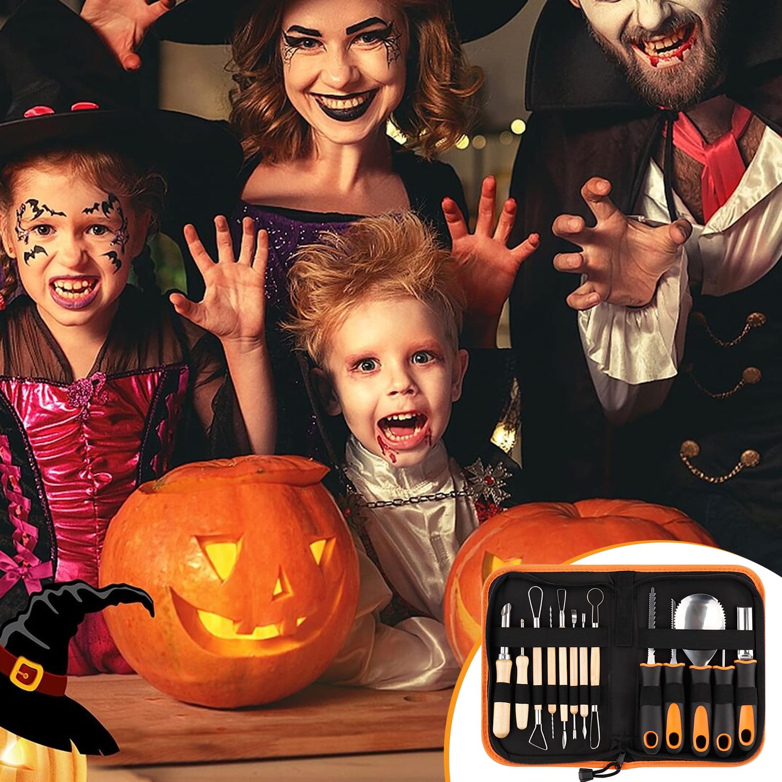 Set da intaglio zucca 13 pezzi in acciaio inox per Halloween con custodia