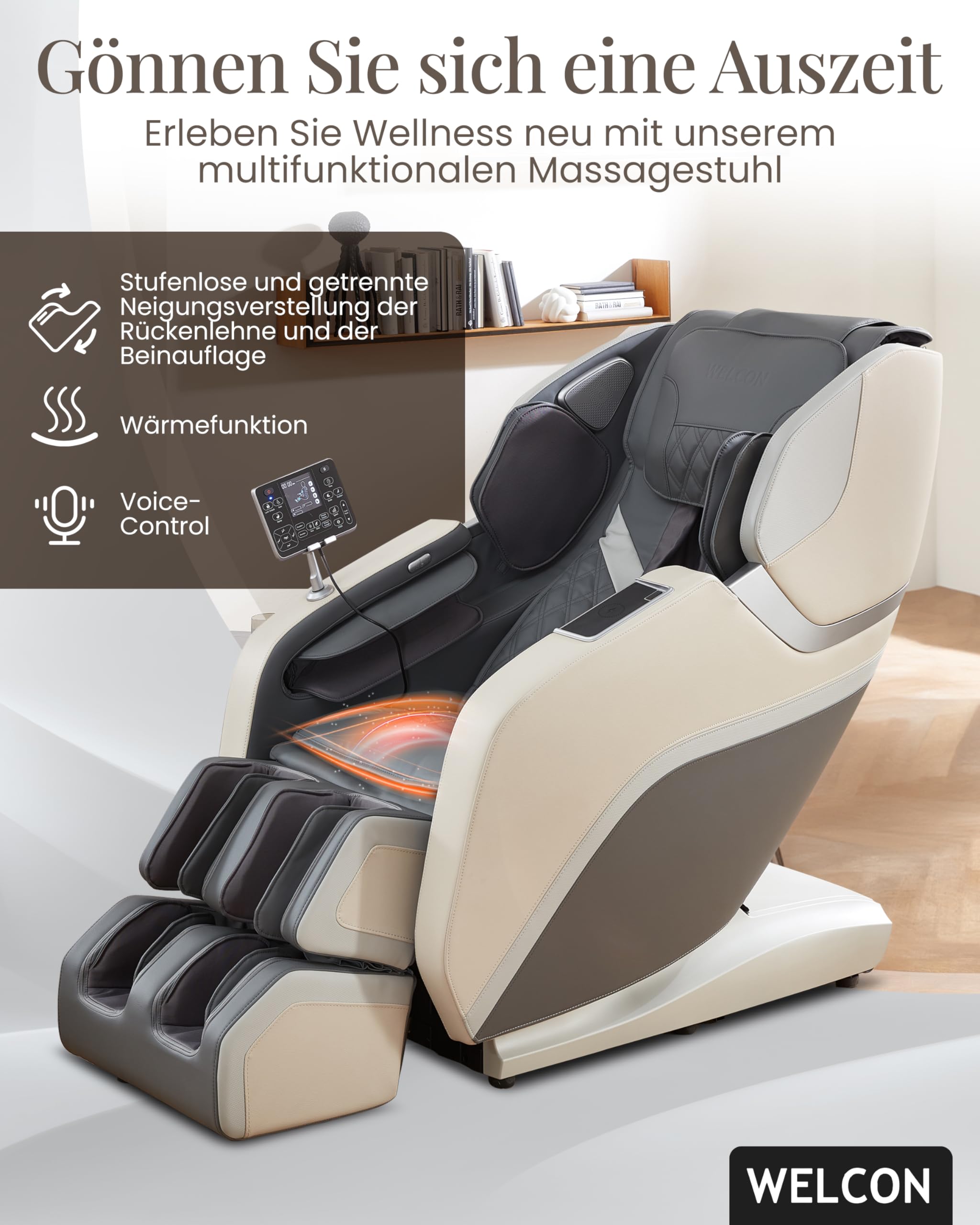 WELCON Sillón de masaje Prestige III en gris y beige. Silla de masaje con sensor Scan, que reconoce tu tamaño