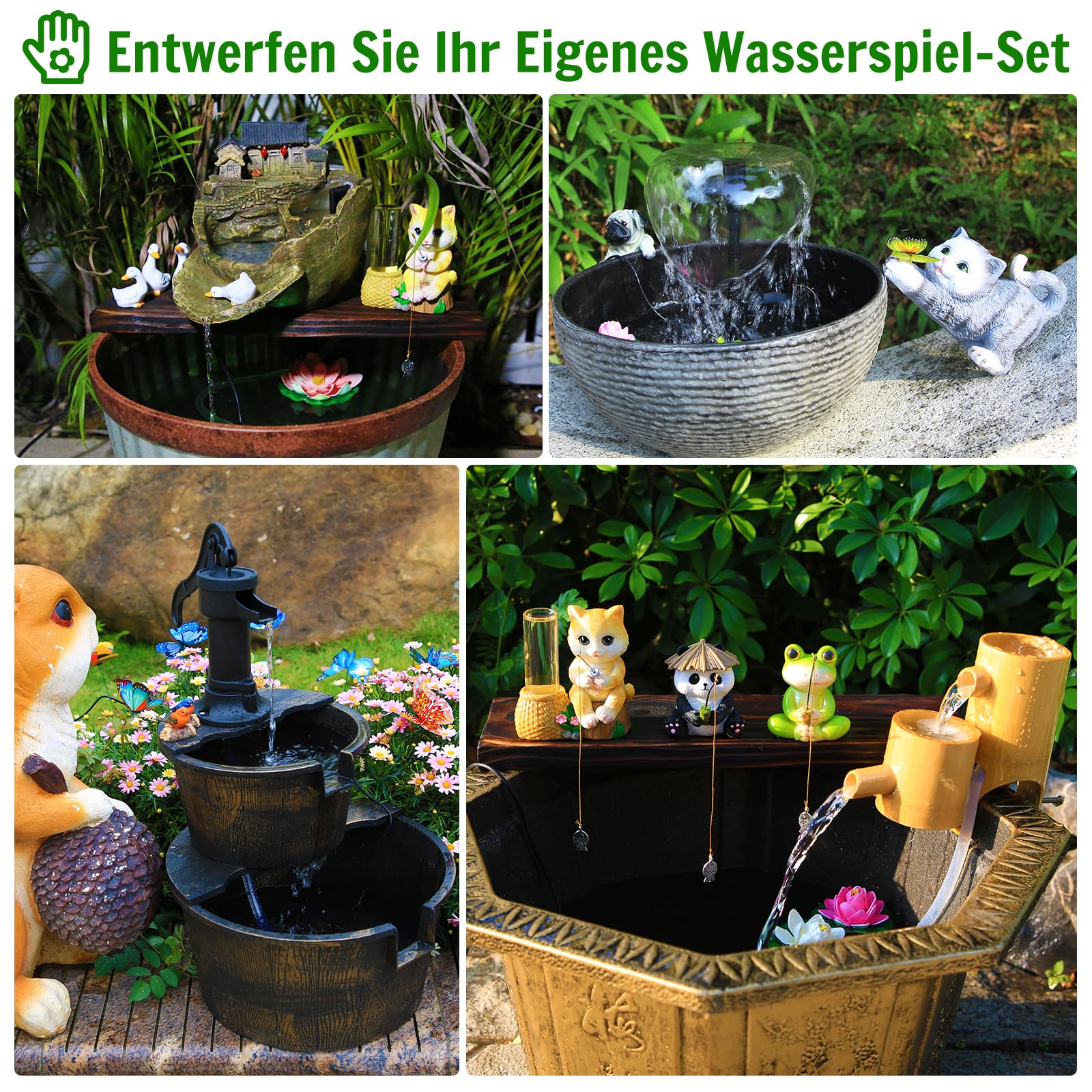 AMZtime 15W Solarbrunnen für Draussen, Solar Teichpumpe mit 6 Sprüh Effekten, Solar Fontäne Pumpe für Garten