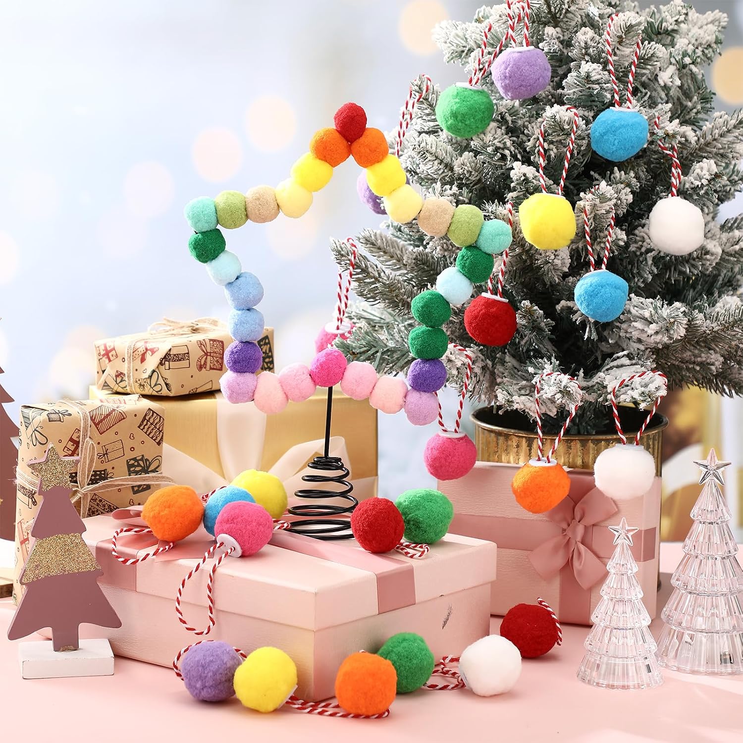 Sosation Felt Christmas Tree Topper 11.81 Inch Star Xmas Tree Topper with 24 Pcs Felt Pompom Balls Christmas Ball Ornaments Xmas Mixed Color Pompom Decoration