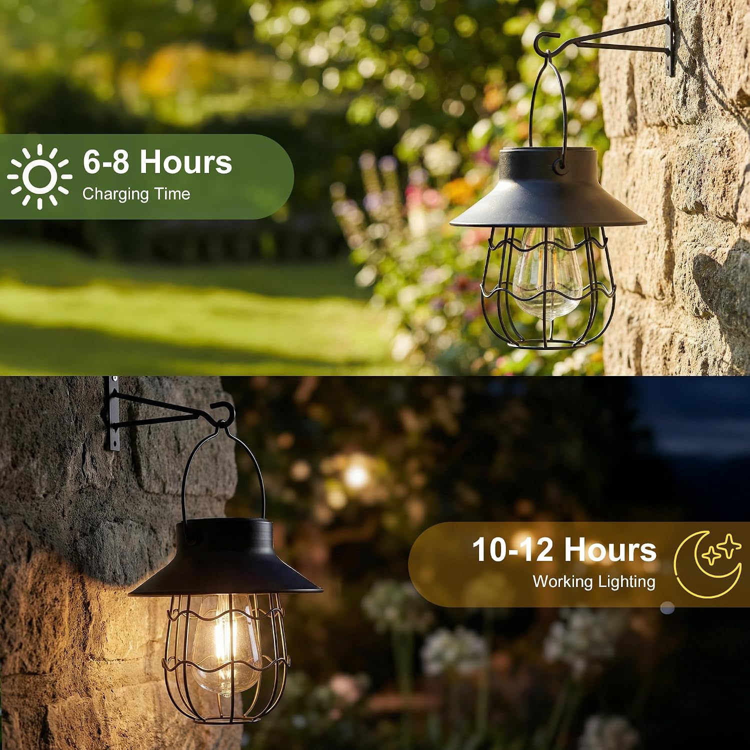Livinlarge Hanging Solar Lanterns Waterproof,2 Pack Outdoor Metal Solar Lights with Wall Hooks Windproof Hook,Retro Solar Lantern Auto On/Off for Yard Garden Pathway Patio Porch Decor (Black)