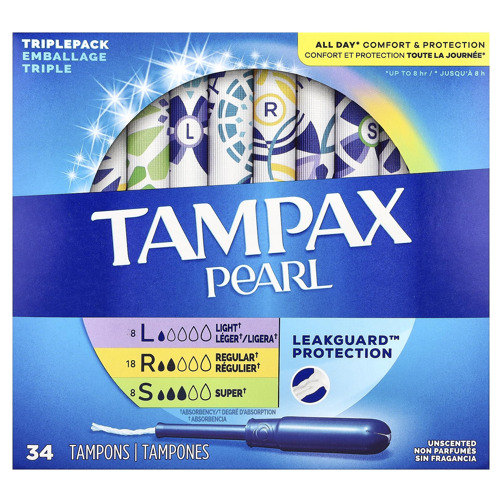 Tampax Pearl Tampons Multipack, Light/Regular/Super Absorbency, With Leakguard Braid, Triple Pack, Unscented, 34 Count